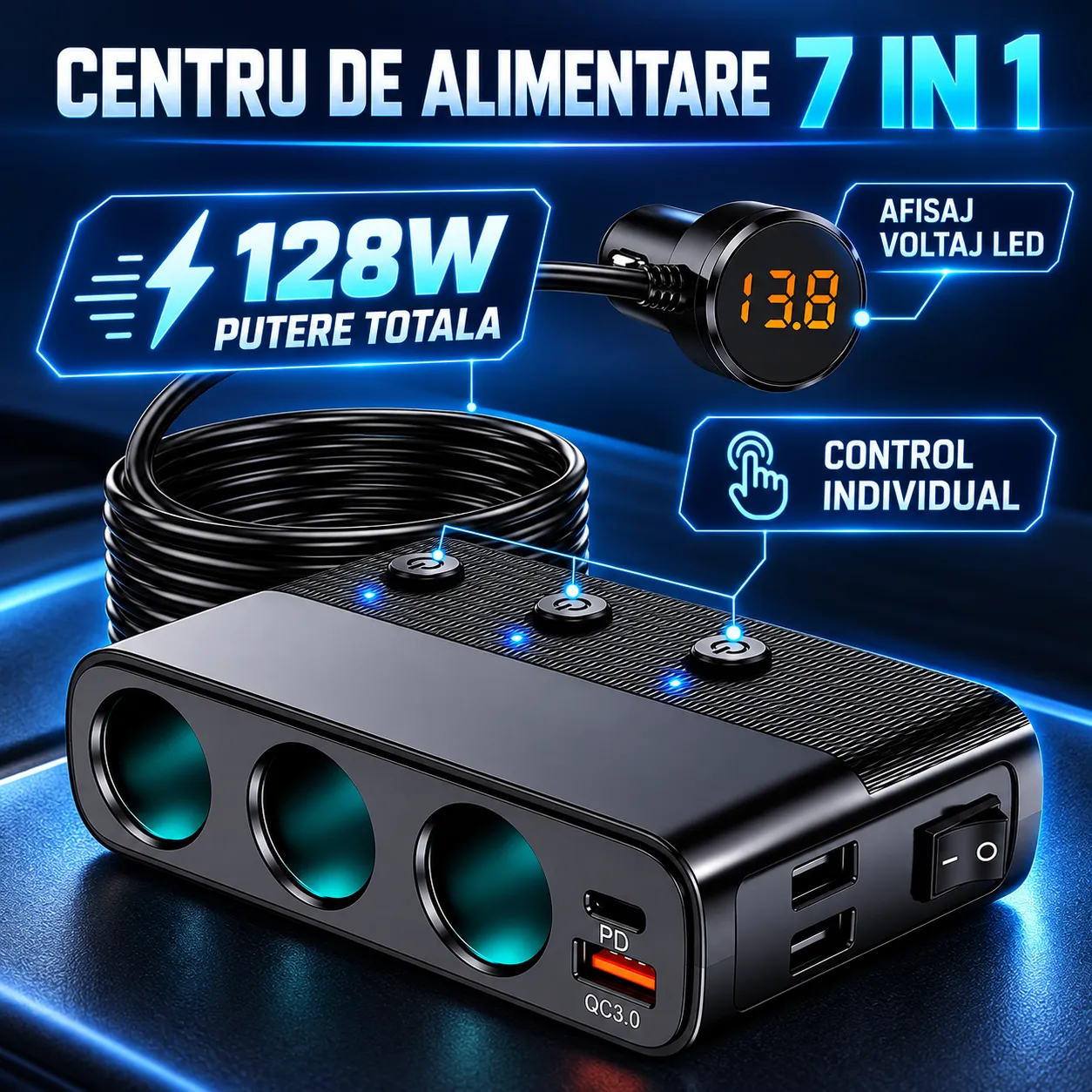 Timebox Adaptor Priza Auto 7 in 1 128W Negru