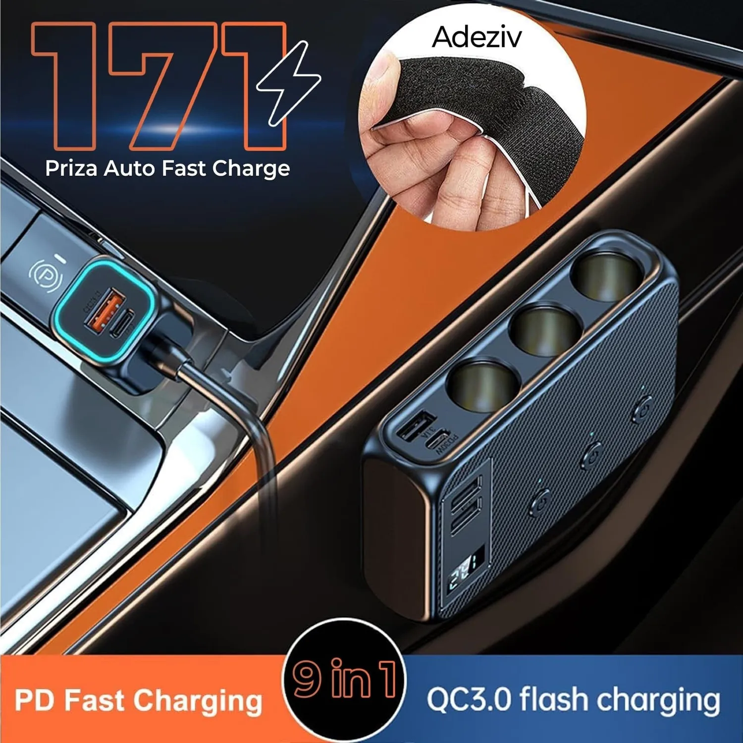 Pachet auto Timebox 171W încărcător + cablu Type-C alb