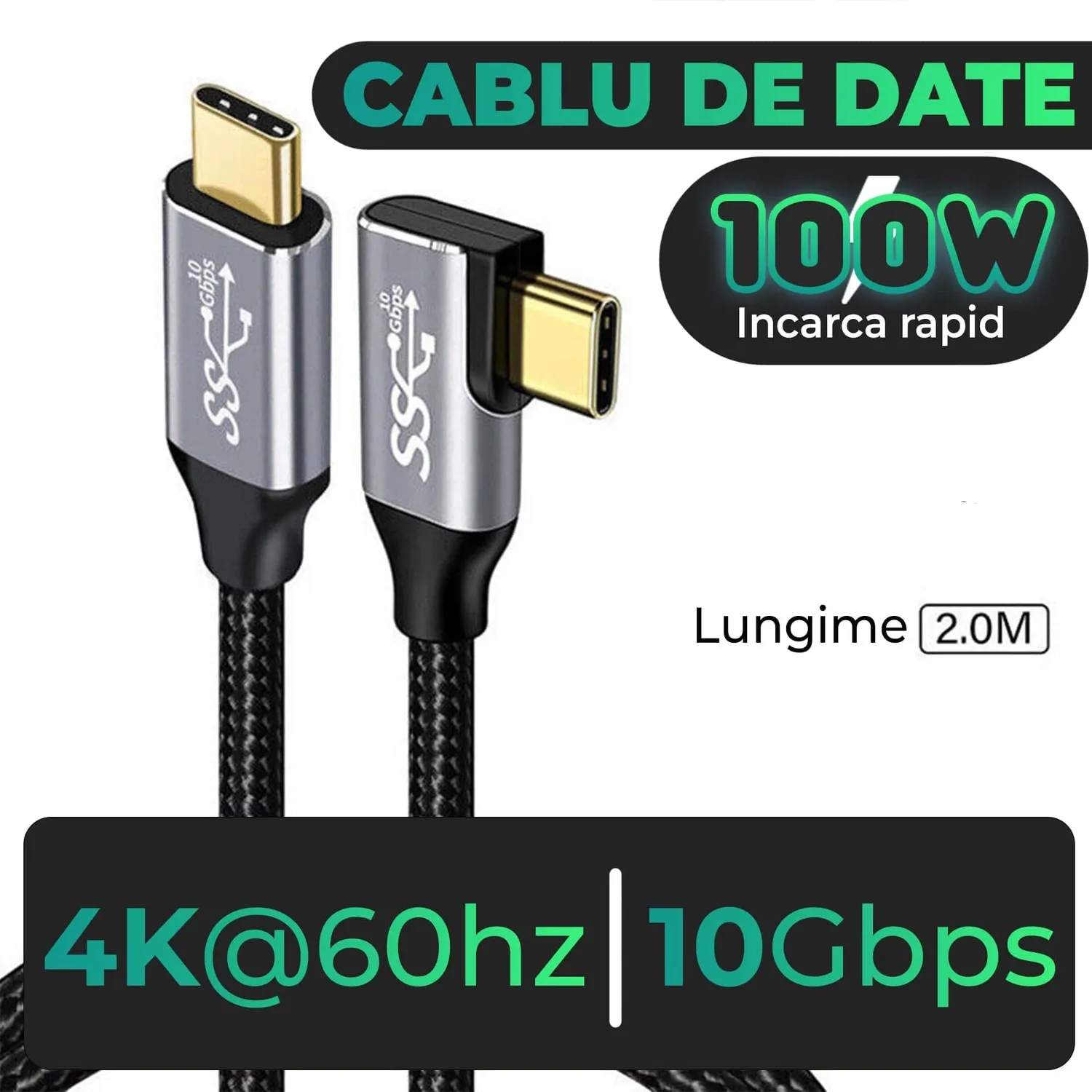 Cablu Timebox USB-C la USB-C 100W 2m gri 10Gbps