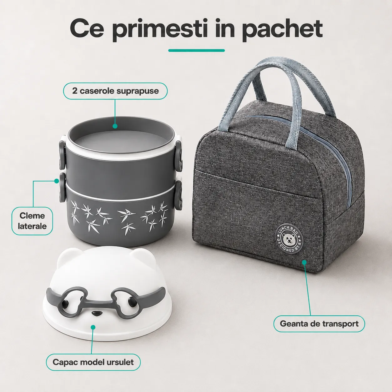 Timebox Caserolă prânz copii dublă gri 550ml+800ml cu geantă