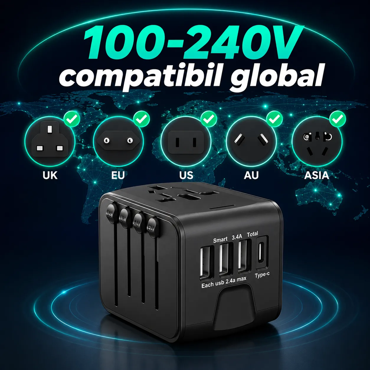 Timebox Adaptor Universal Calatorie 3 USB Type-C Negru
