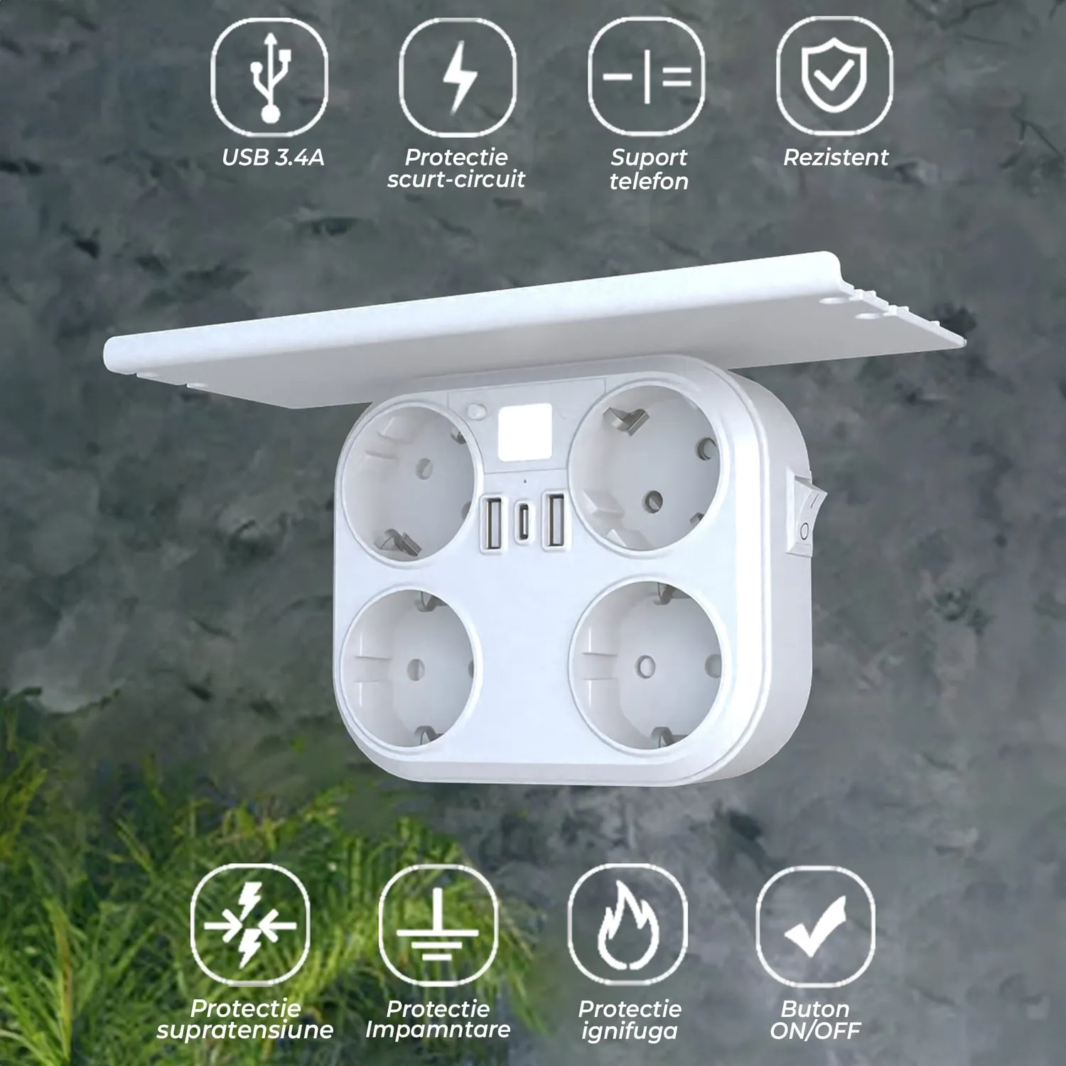 Timebox priză cvadruplă albă 2xUSB suport telefon