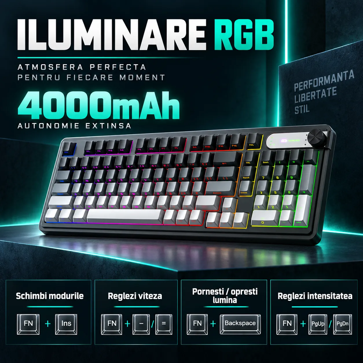 Timebox 98% Tastatură wireless tri-mode negru RGB knob