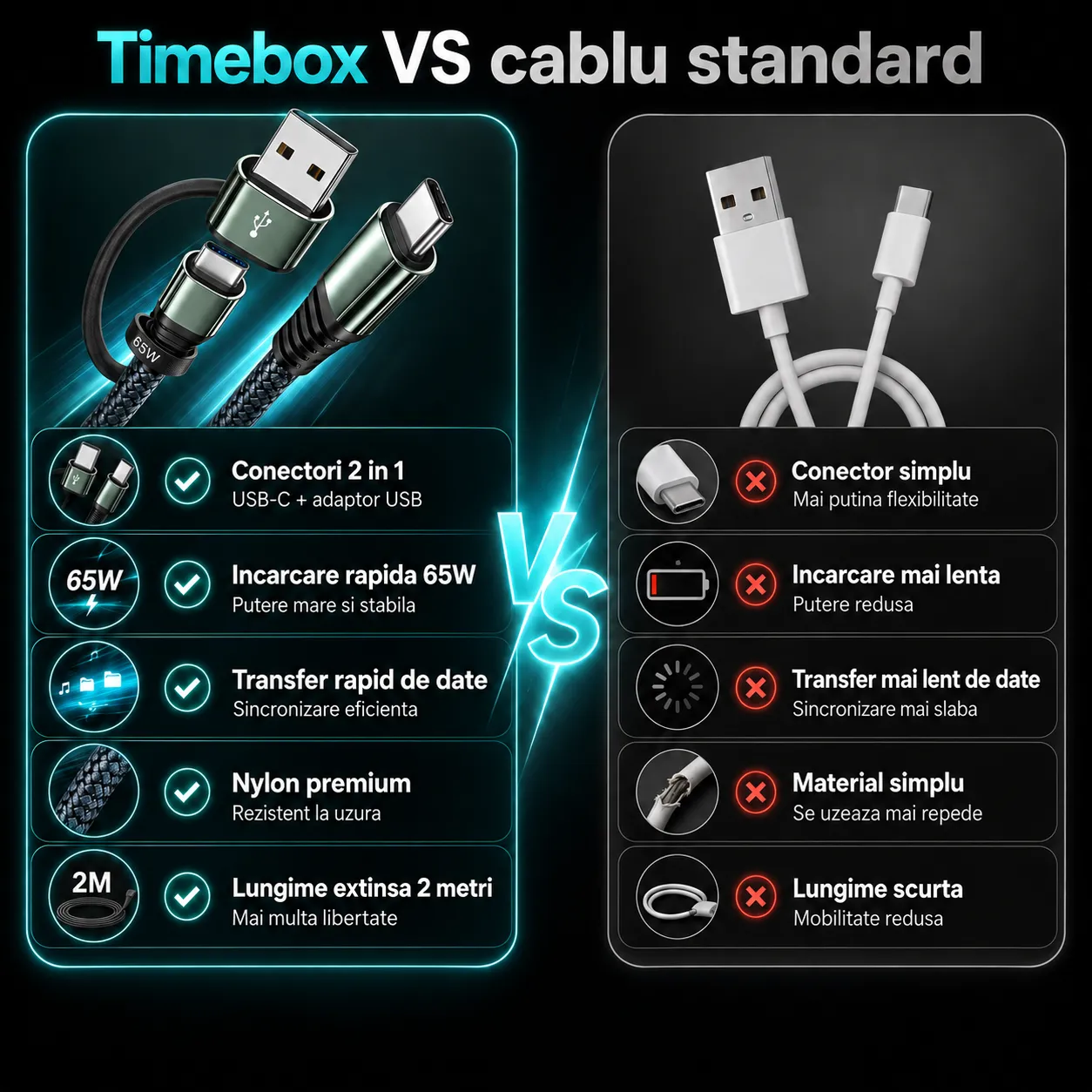 Timebox 2 in 1 cablu USB-C 65W negru 2m nylon