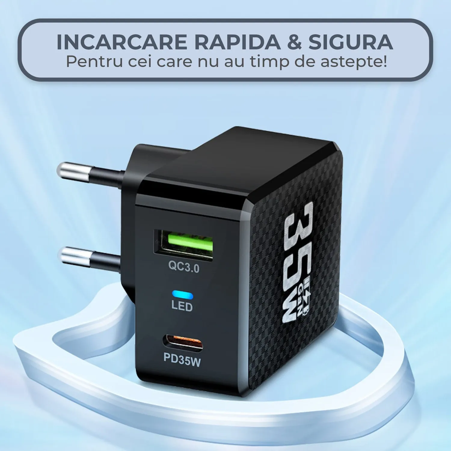 Incarcator retea Timebox 35W 2 porturi Type-C QC3.0 negru