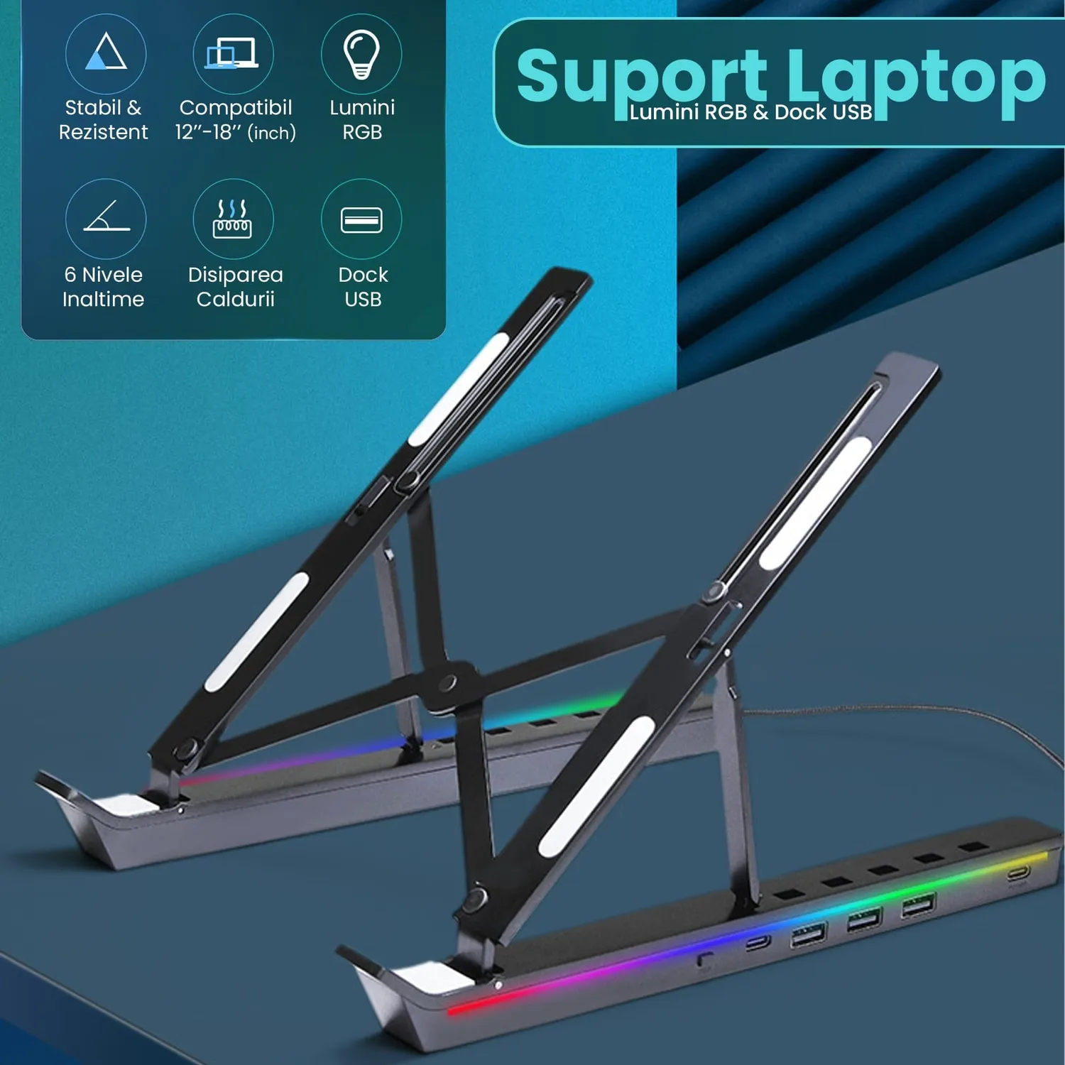 Timebox suport laptop 12-18" hub USB negru RGB