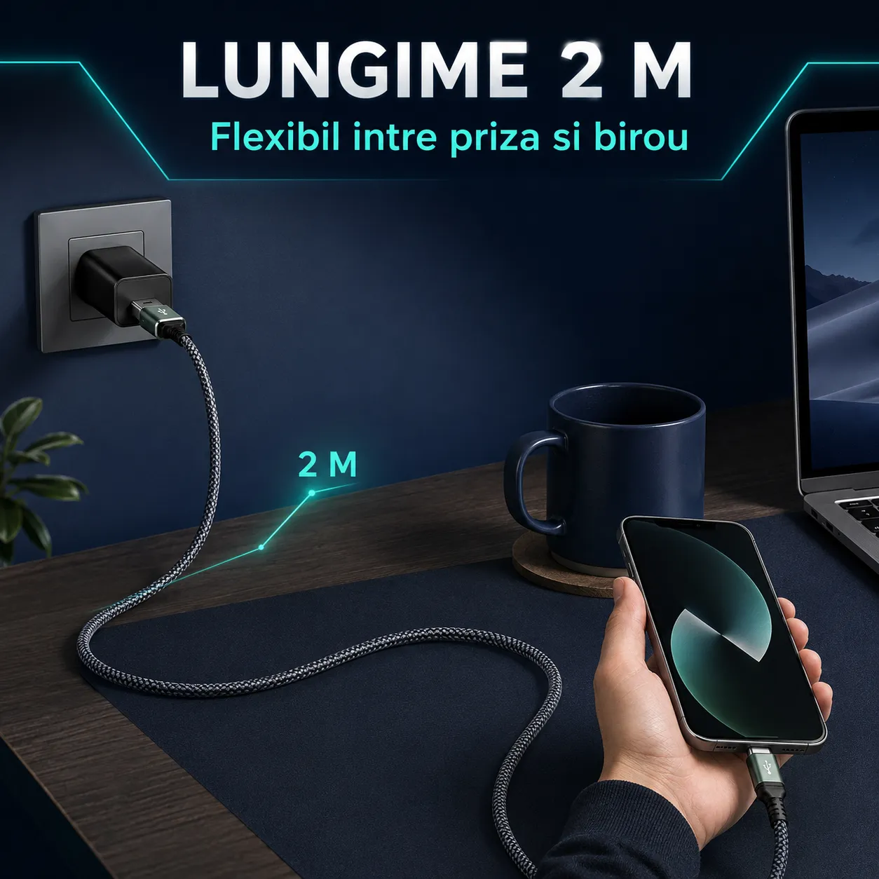 Timebox 2 in 1 cablu USB-C 65W negru 2m nylon