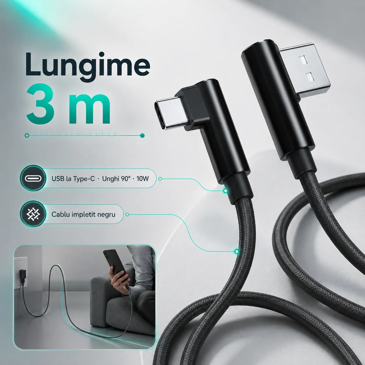 Timebox cablu USB-C 3m negru 90 grade împletit 10W