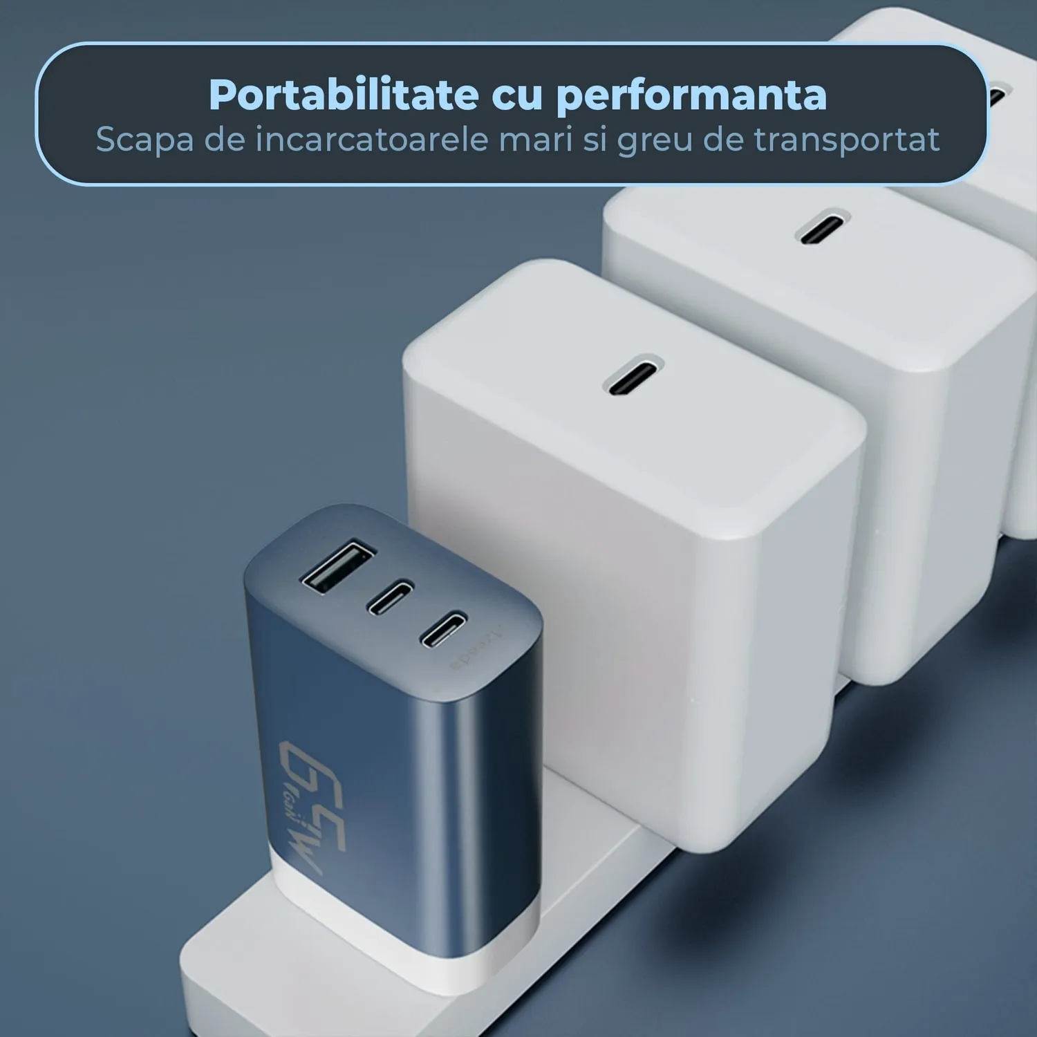 Timebox incarcator retea 65W albastru 2x Type-C + USB