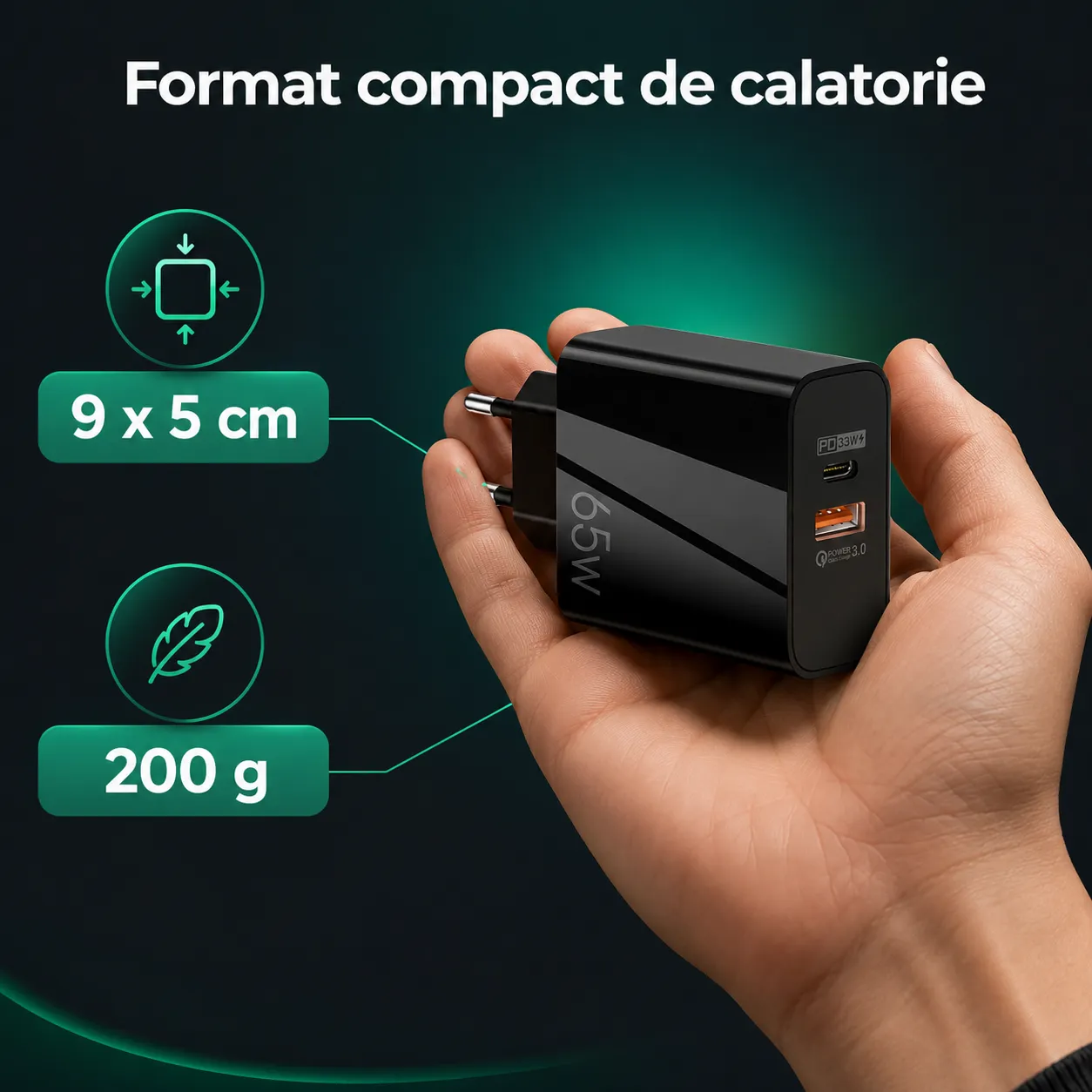 Timebox 65W Incarcator Retea 2 Porturi USB Type-C Negru GaN