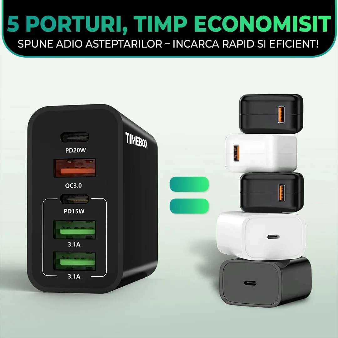 Timebox Incarcator Retea 5 Porturi 65W USB Type-C Alb