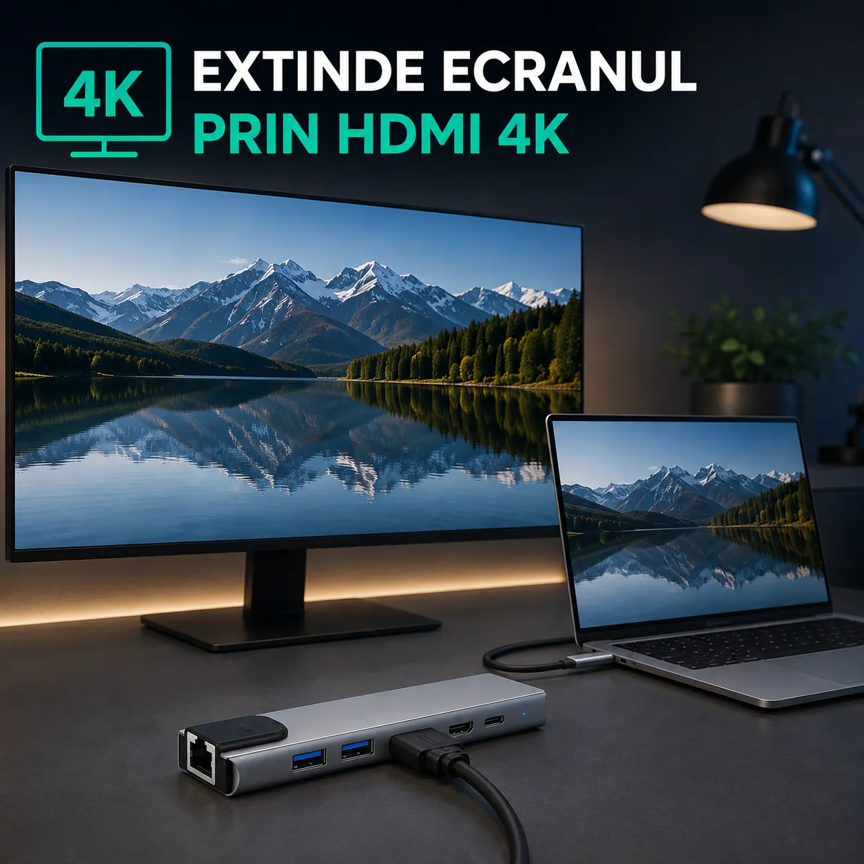 Timebox Hub USB 6 in 1 Type-C Ethernet Argintiu