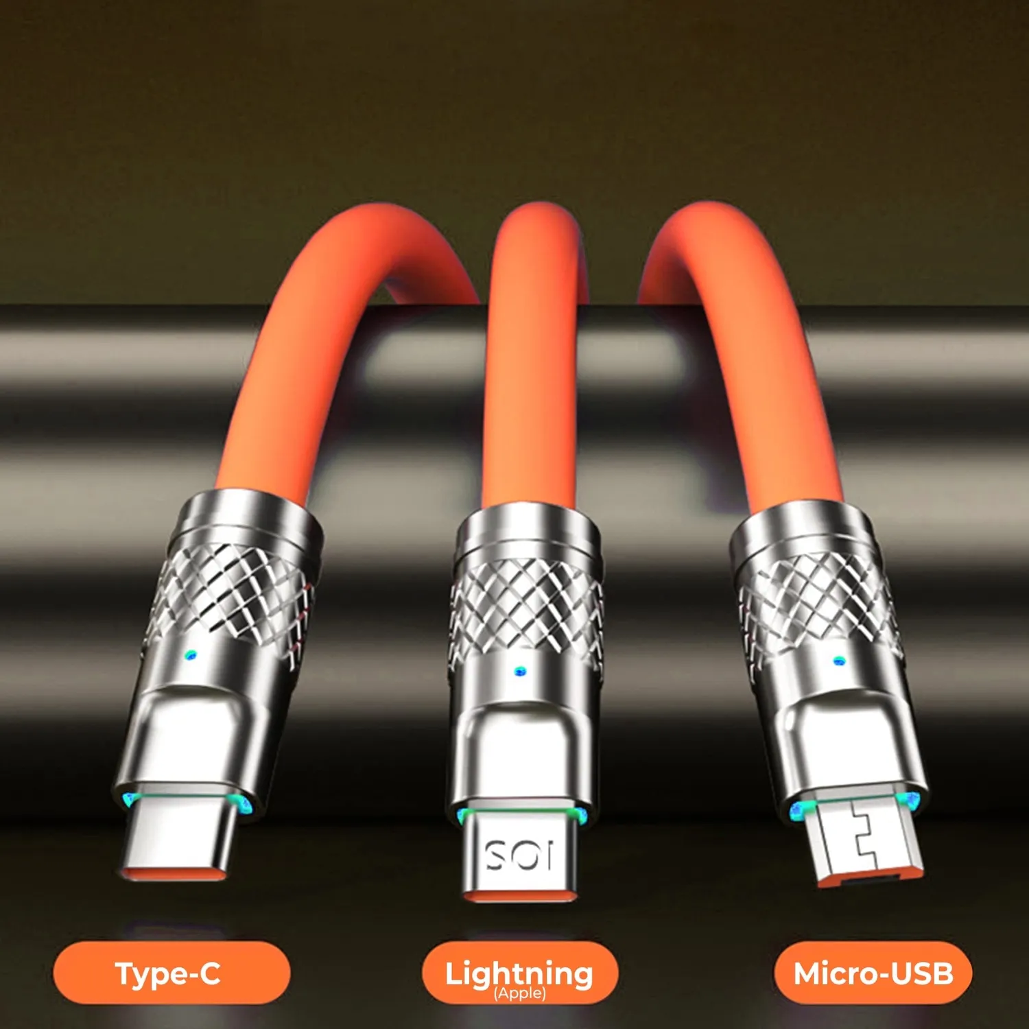 Timebox Cablu 3 in 1 120W 1,2m USB-C Lightning portocaliu