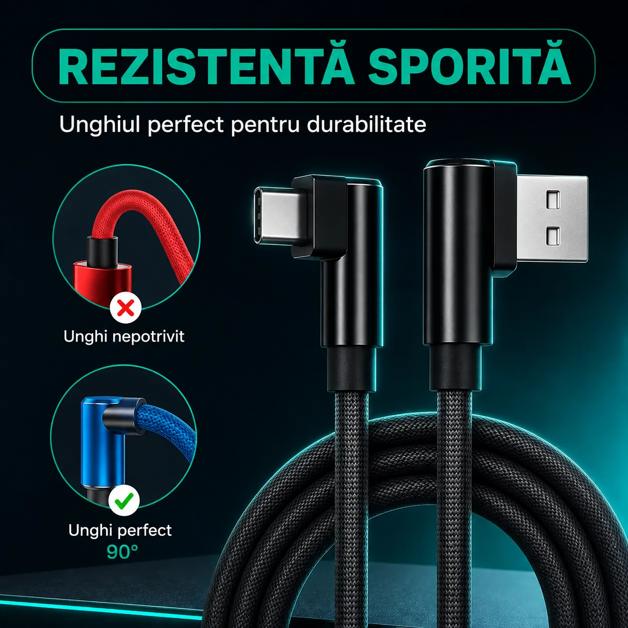 Timebox cablu USB-C 3m negru 90 grade împletit 10W