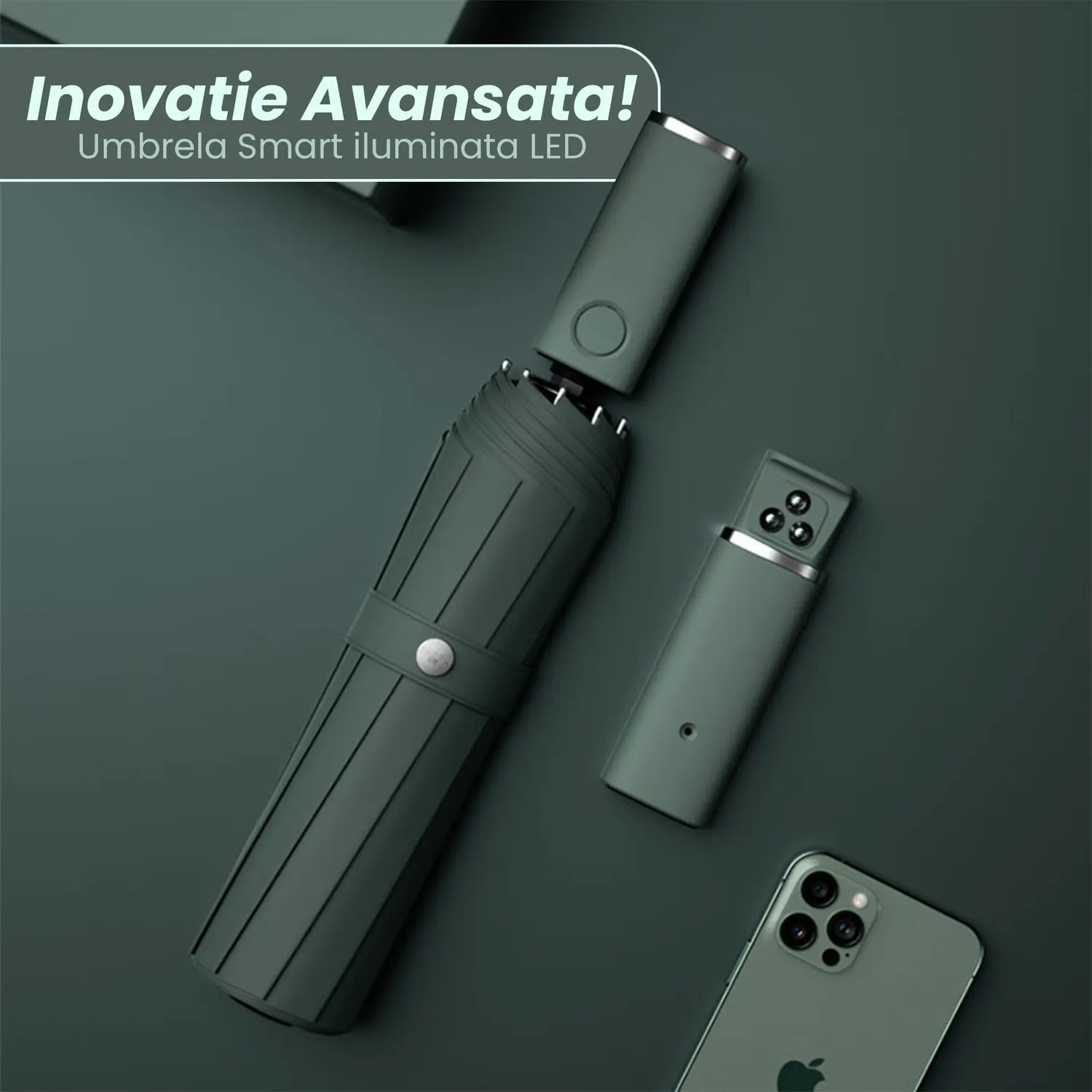 Timebox umbrela pliabila verde cu lanterna LED automata