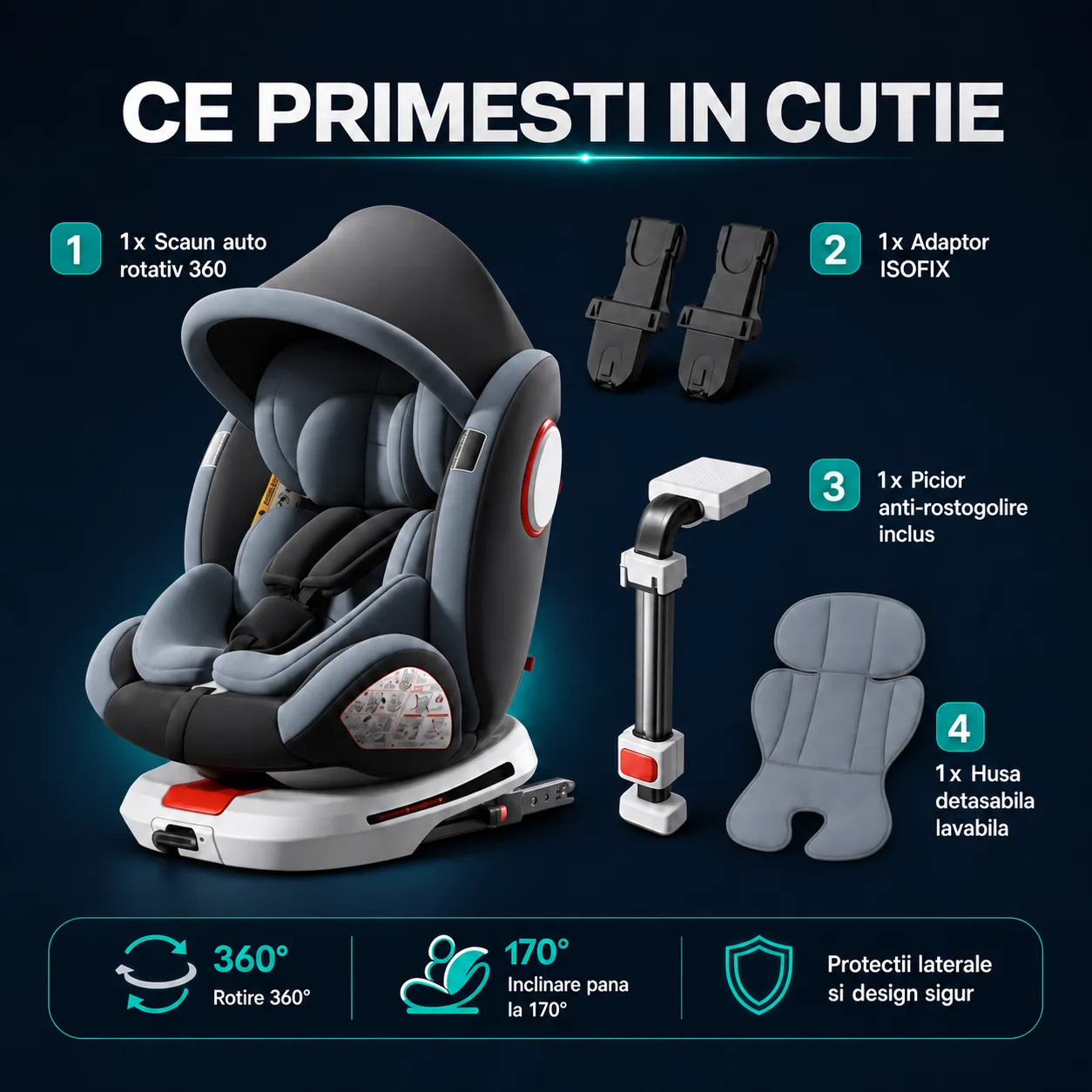 Timebox Scaun Auto Bebeluși 0-12 Ani 360° ISOFIX Gri