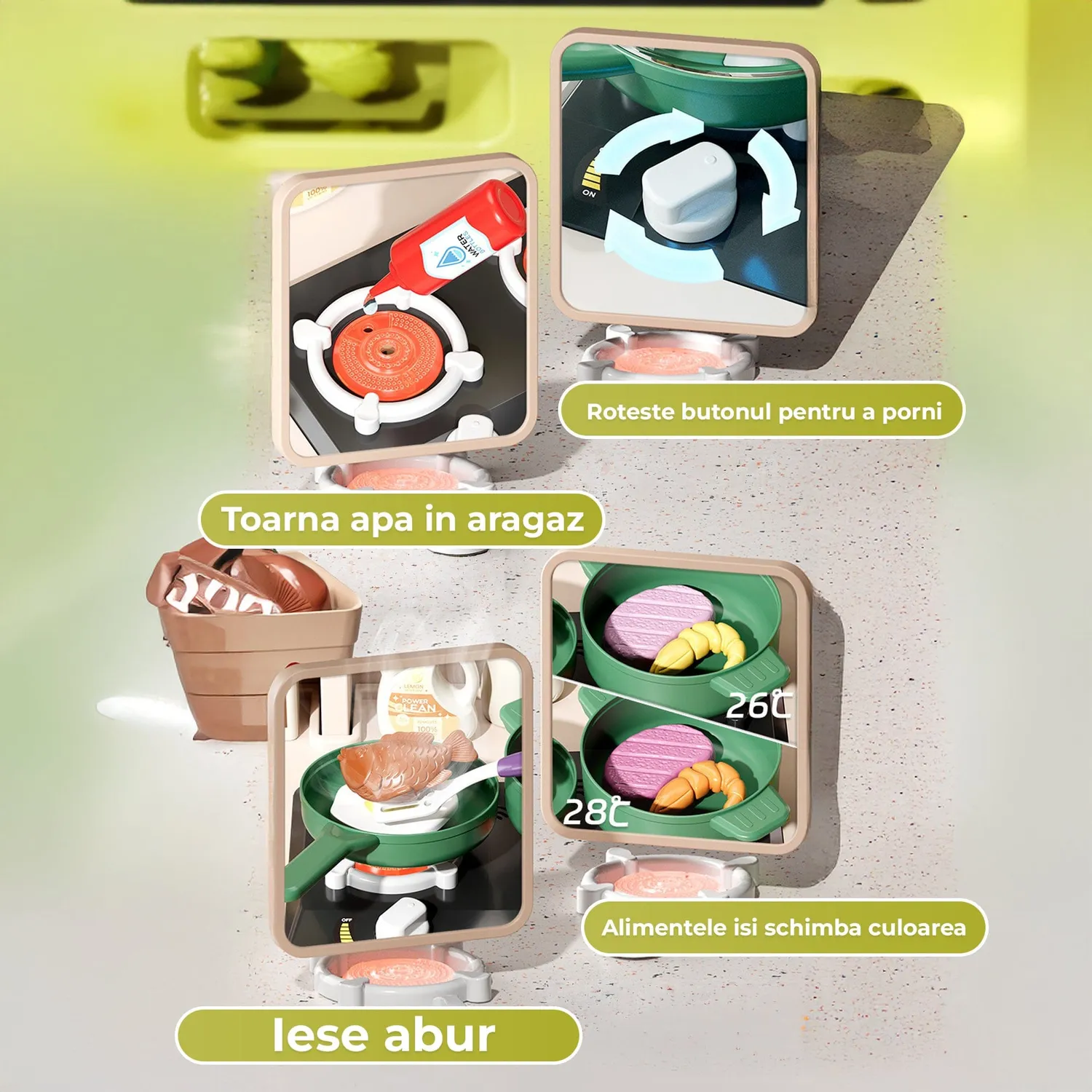 Timebox bucatarie copii 95 cm verde abur real 80+ piese