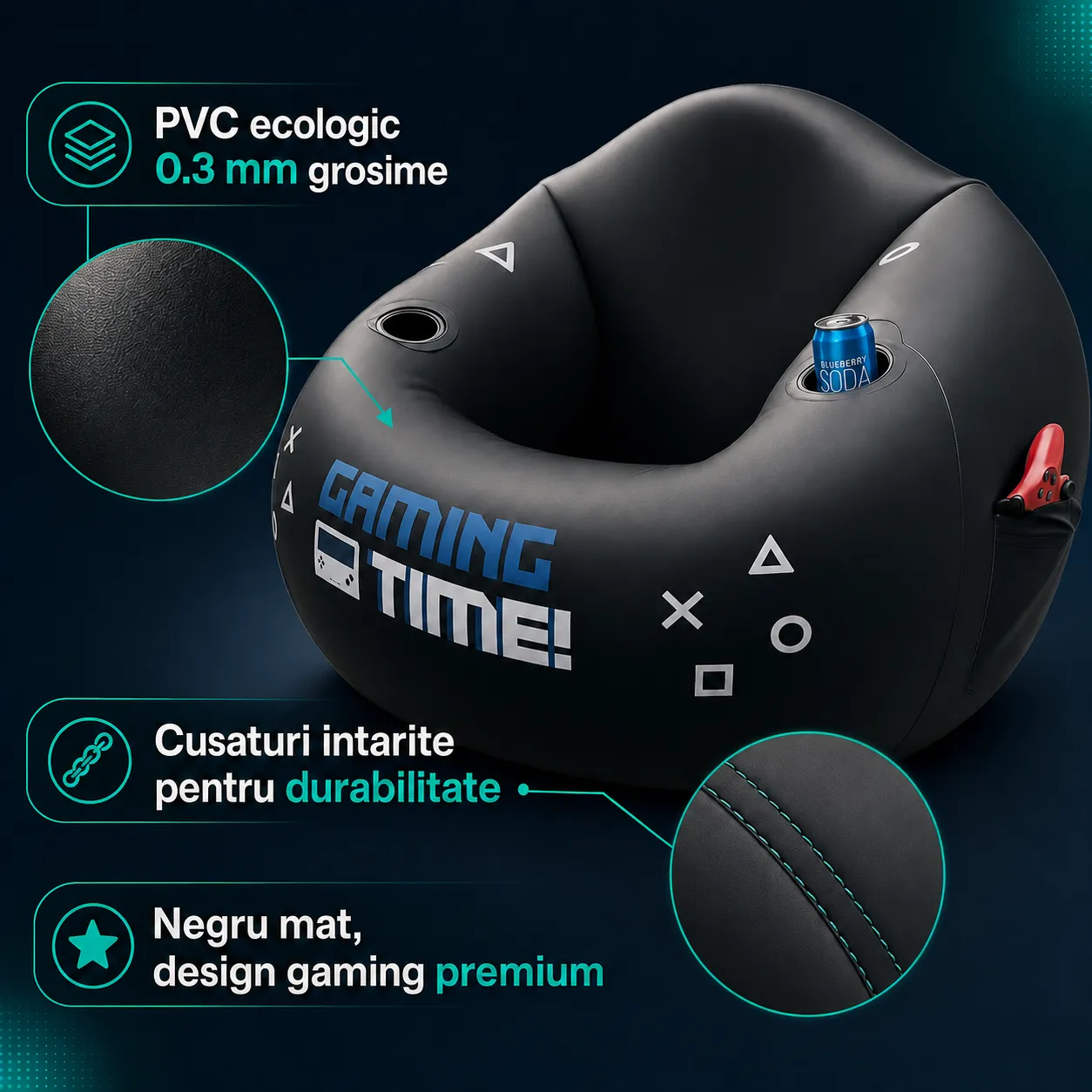 Fotoliu gonflabil gaming Timebox negru cu suport pahar