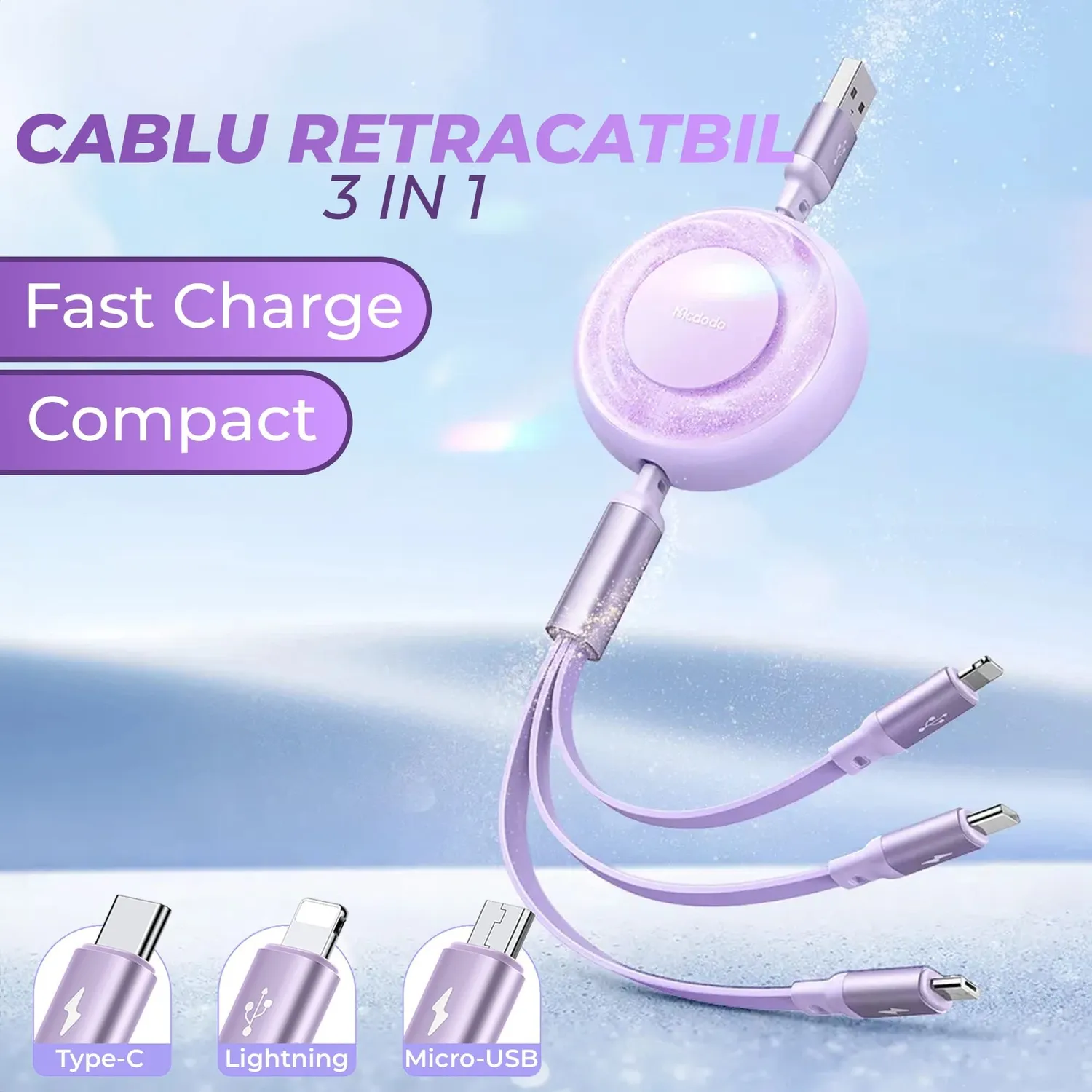 Timebox 3 in 1 cablu retractabil Fast Charge 1,2m roz
