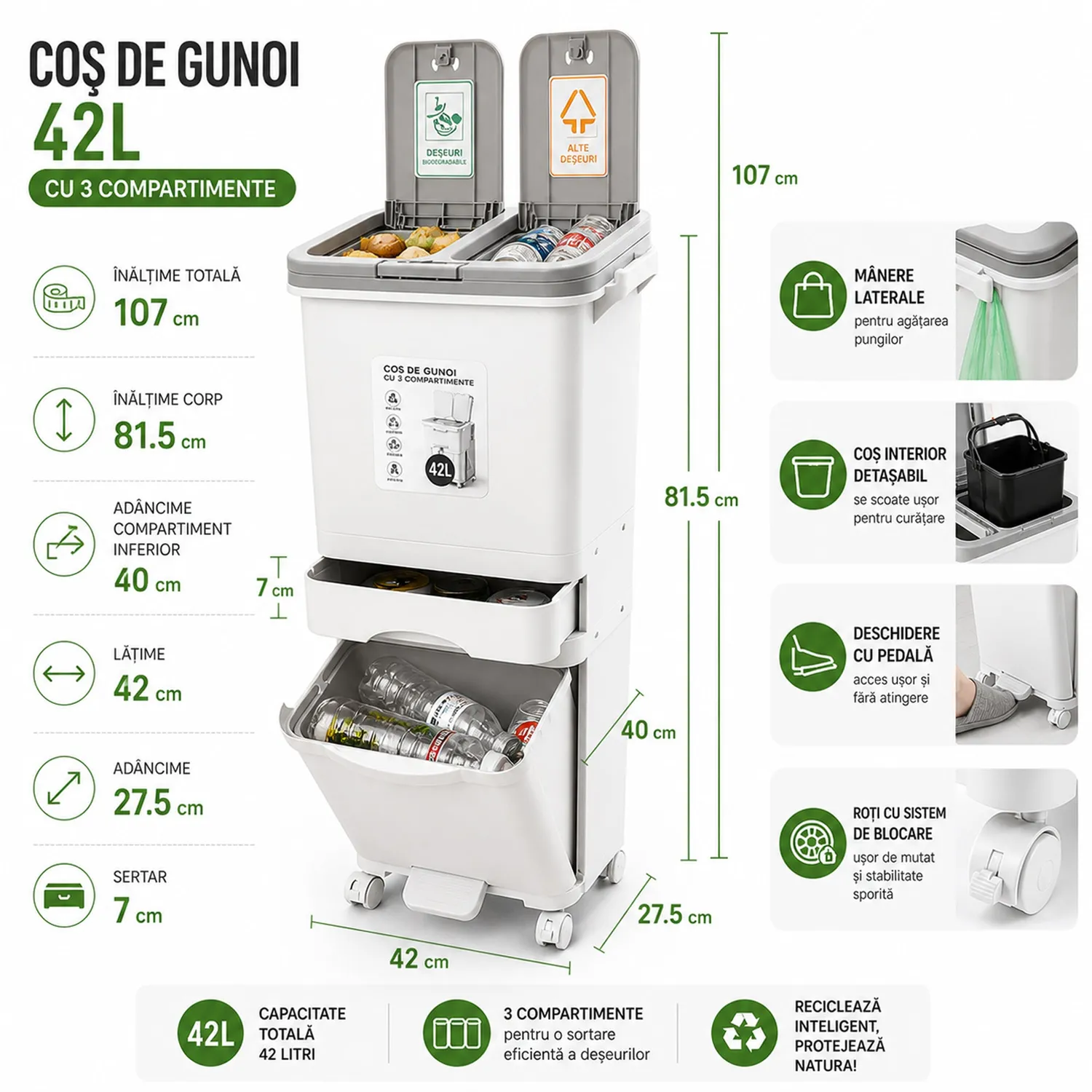 Timebox 42L cos gunoi bucatarie alb dublu cu pedala silentioasa
