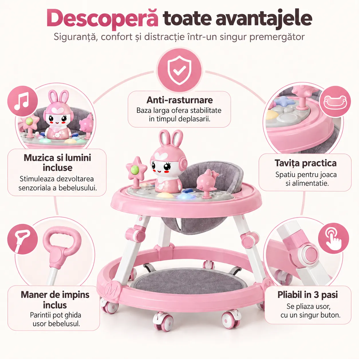 Timebox premergător bebe cu mâner roz muzică