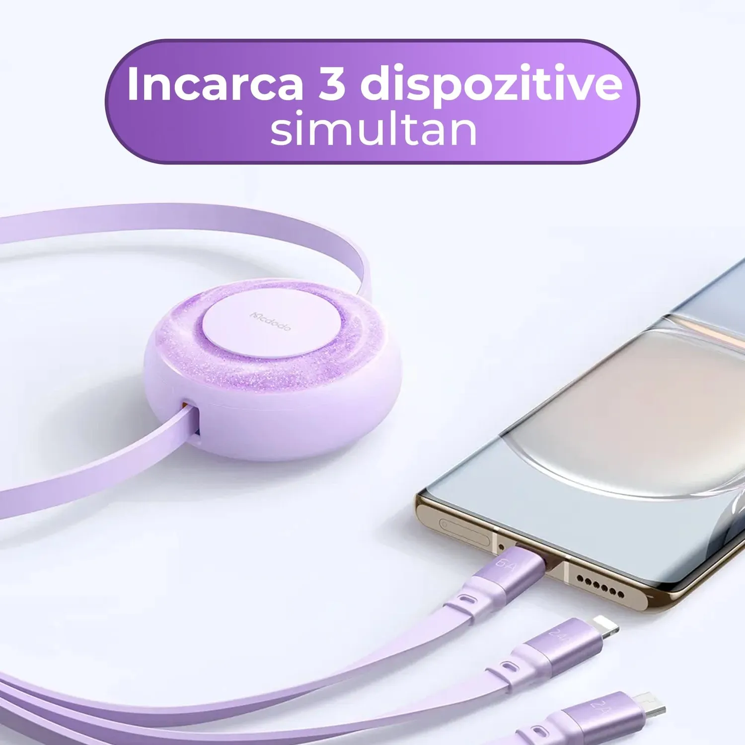 Timebox 3 in 1 cablu retractabil Fast Charge 1,2m roz