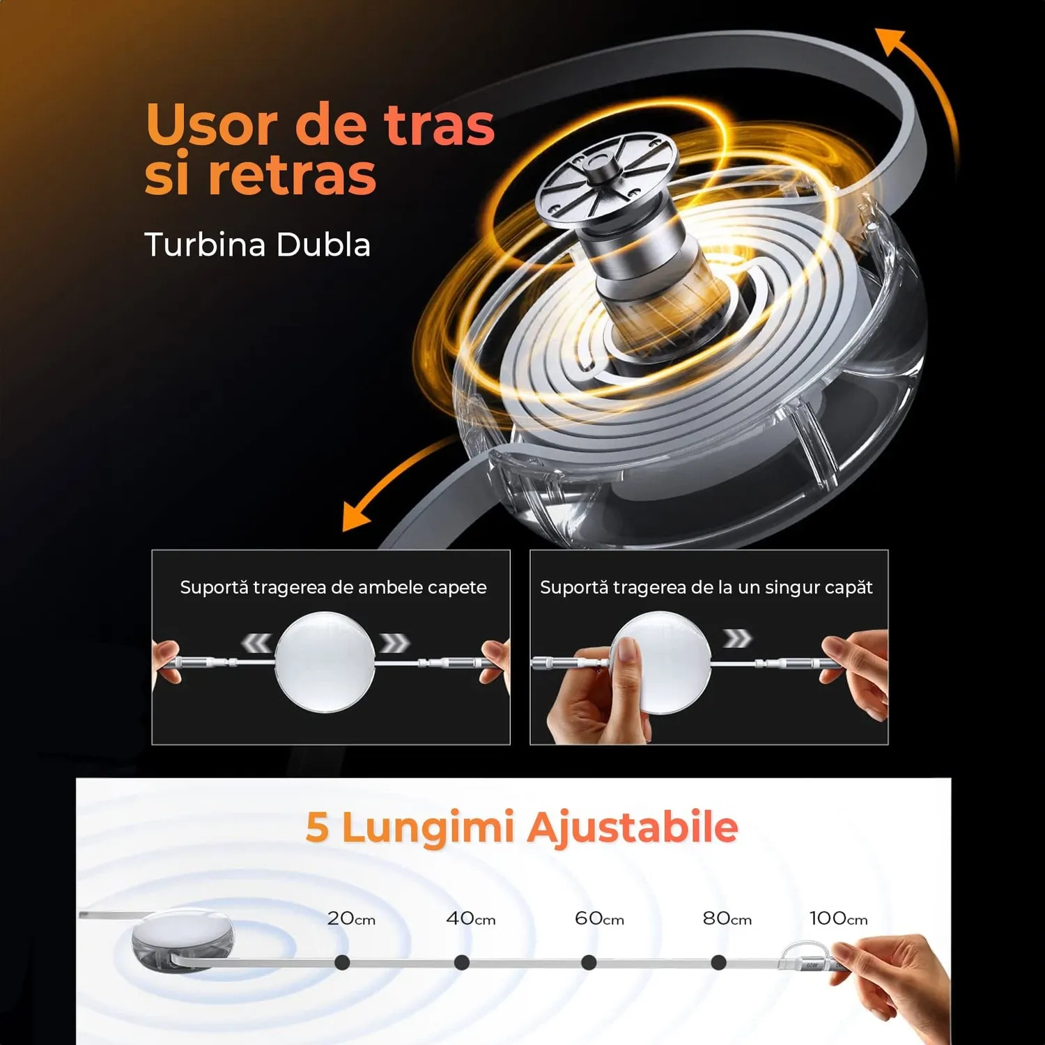 Timebox 5 in 1 cablu USB-C retractabil alb 60W 1m