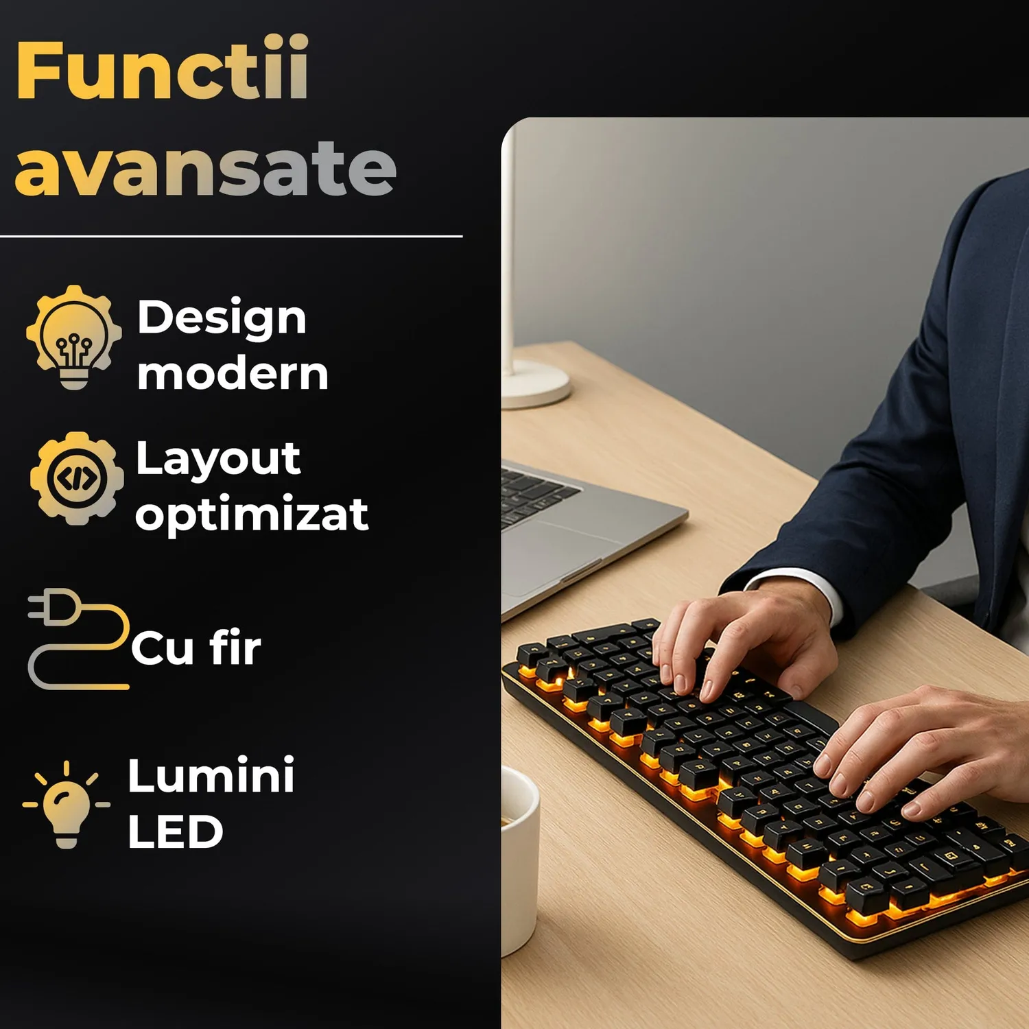 Timebox tastatură gaming silențioasă neagră iluminare portocalie