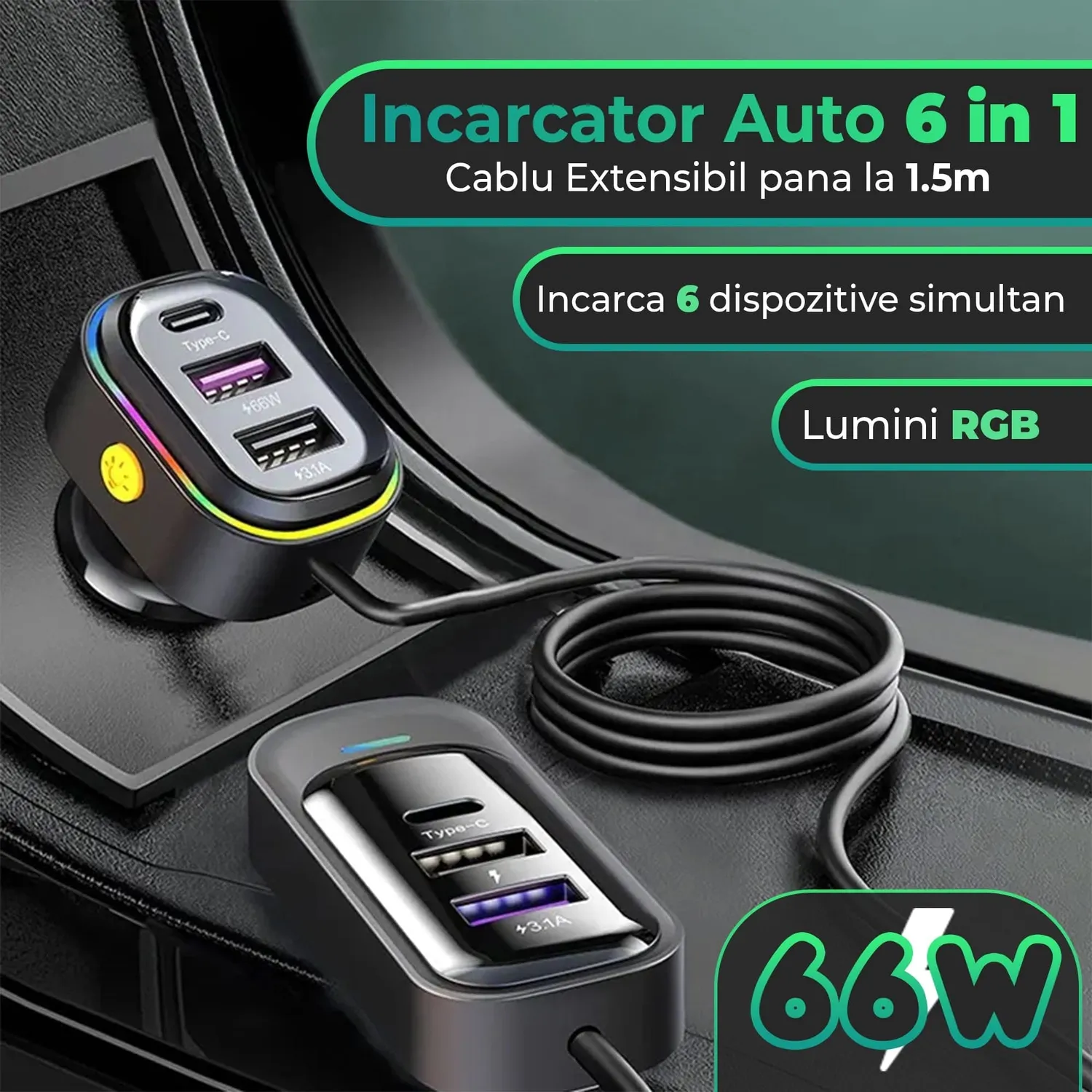 Timebox Super Fast Charge încărcător auto 66W negru 6în1