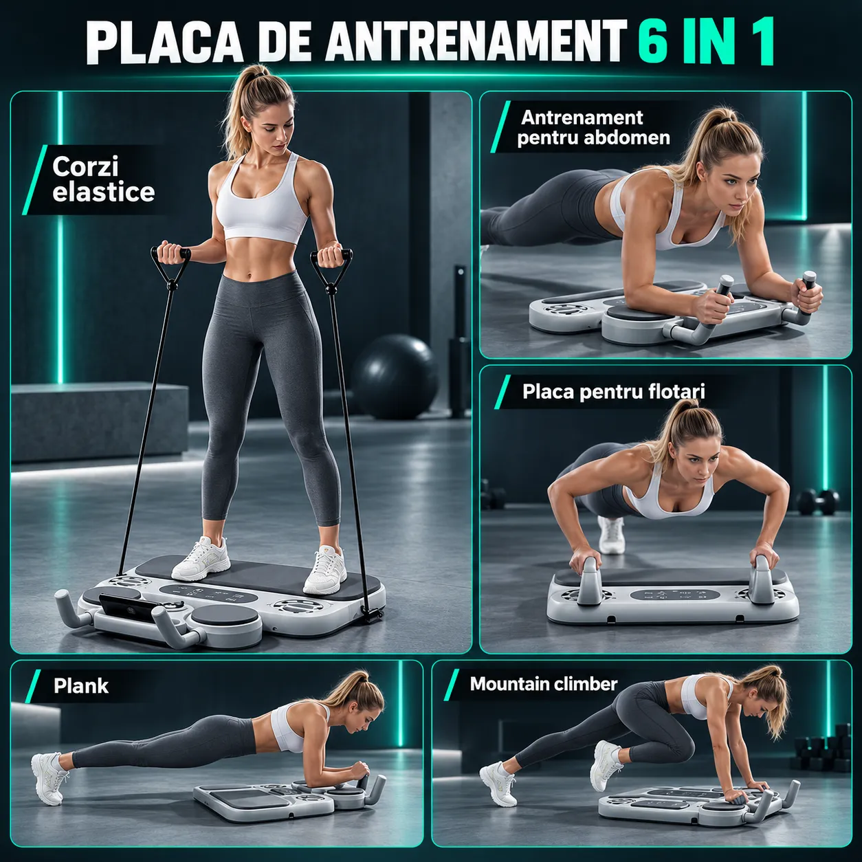 Timebox 6-in-1 placa fitness gri cu timer si corzi elastice