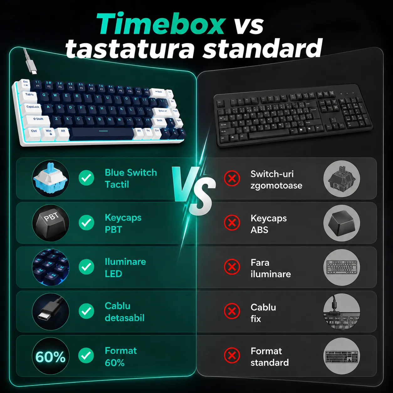 Timebox tastatură mecanică gaming 60% blue switch albastră