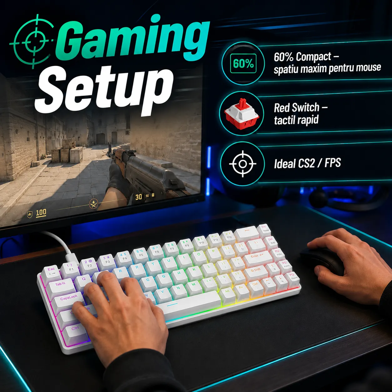 Timebox 60% tastatură gaming Red Switch RGB albă