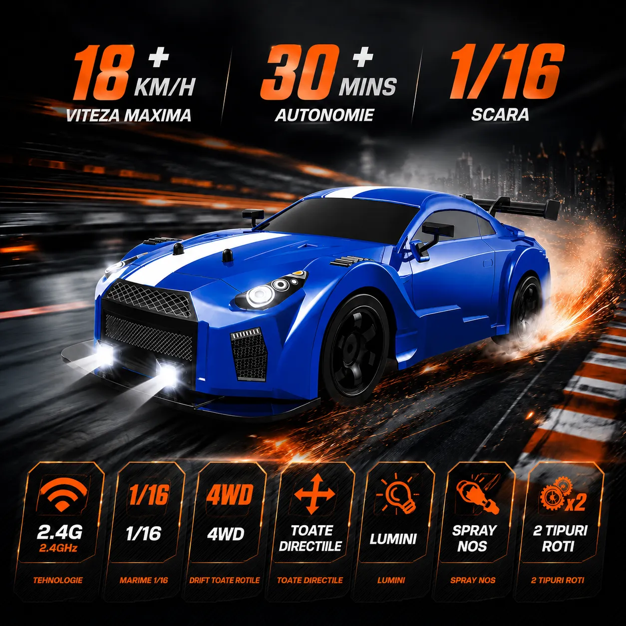 Timebox Masina RC 20km/h 1:16 drift albastra 2 baterii