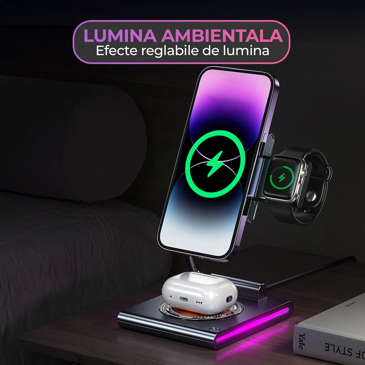 Timebox 15W statie wireless 3 in 1 pliabila gri RGB