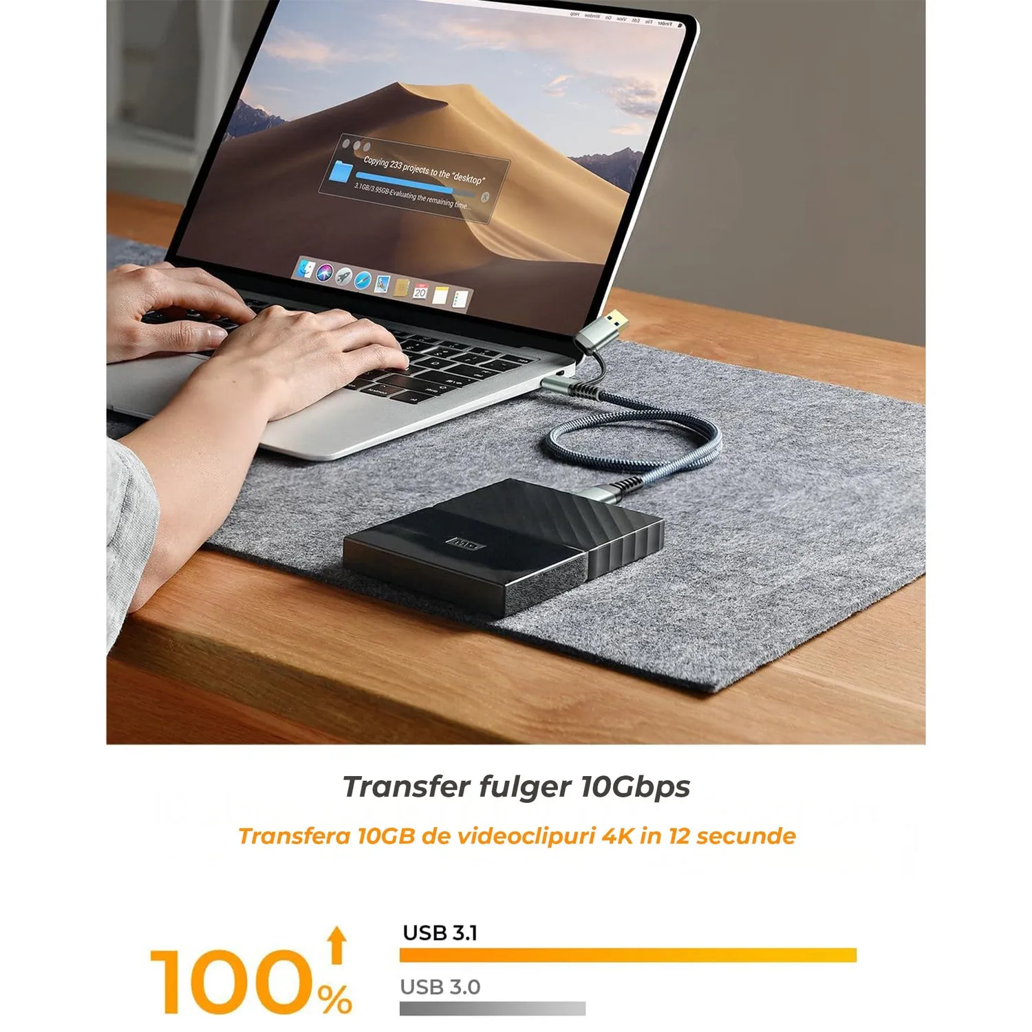Timebox Cablu HDD Micro-B - USB-C 0.5m 10Gbps Gri