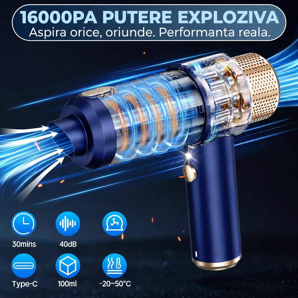 Aspirator auto Timebox 2 in 1 16000PA fara fir albastru