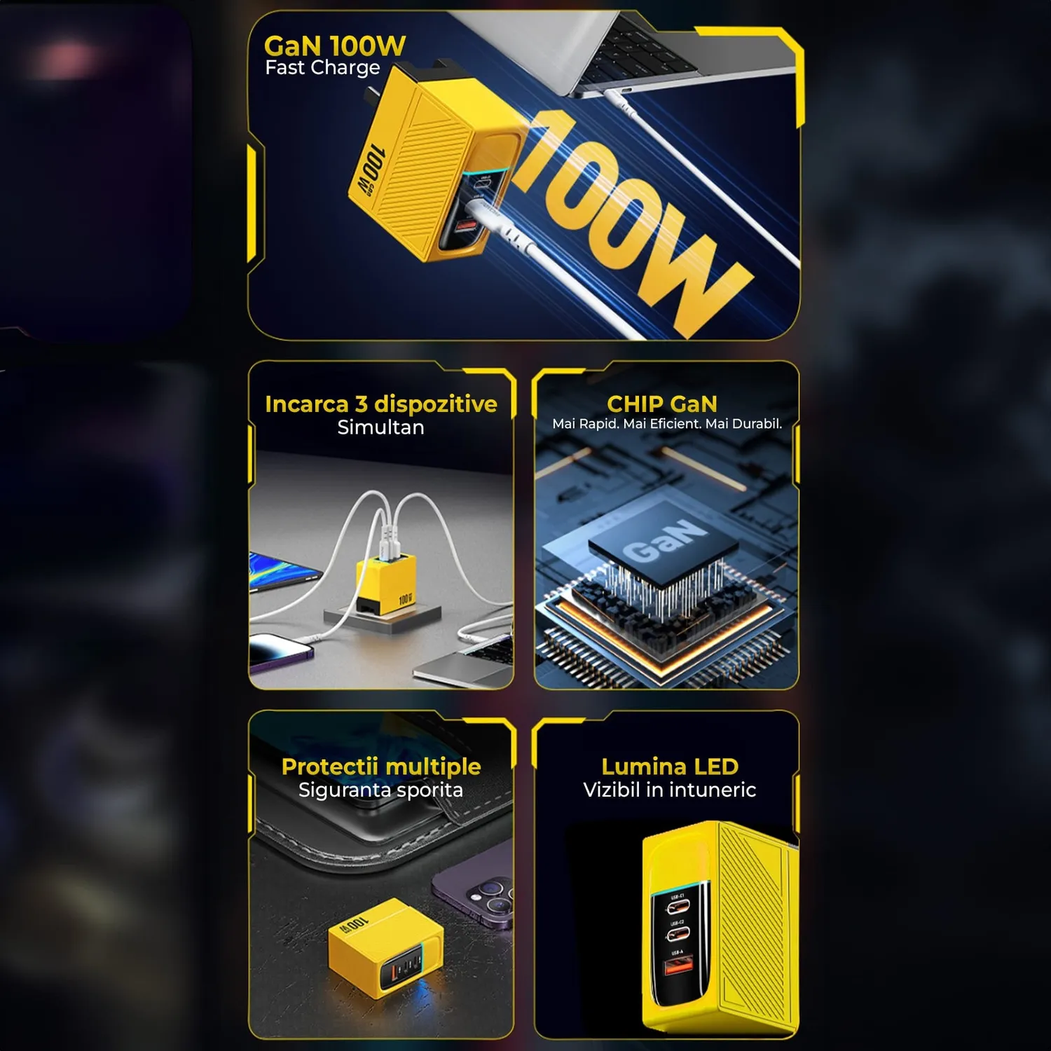 Timebox 100W încărcător rețea Galben 3 porturi LED