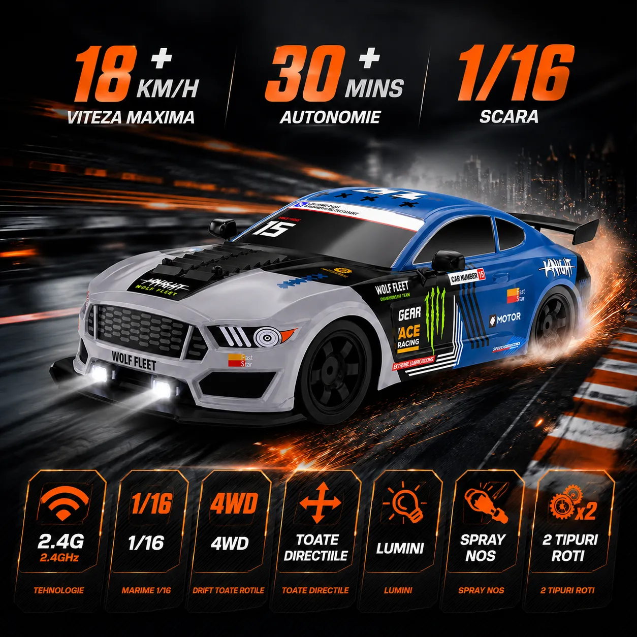 Timebox Drift Car masina telecomanda 1:16 20km/h albastru
