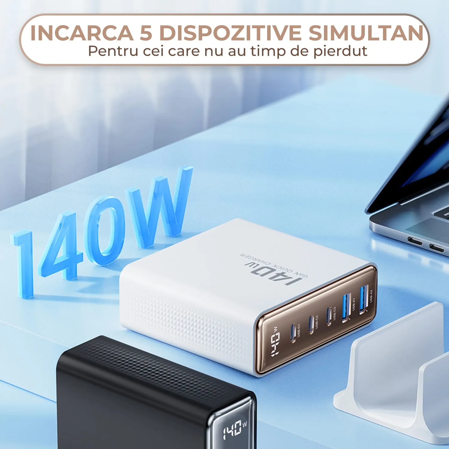 Incarcator retea Timebox 140W 5 porturi auriu LED