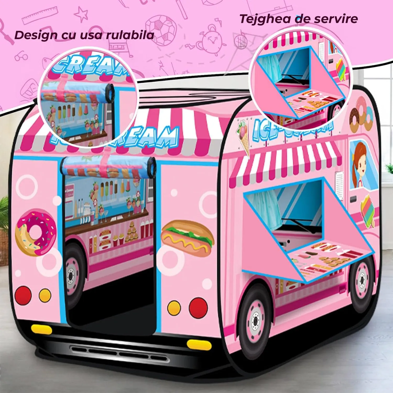 Timebox cort joaca pop-up copii 1-5 ani roz Ice Cream