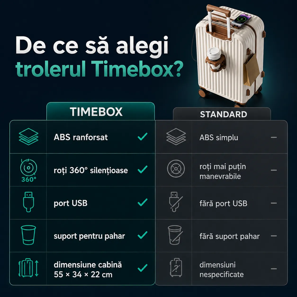 Timebox 20" Troler Cabina ABS 34x22x55cm Alb cu Port USB