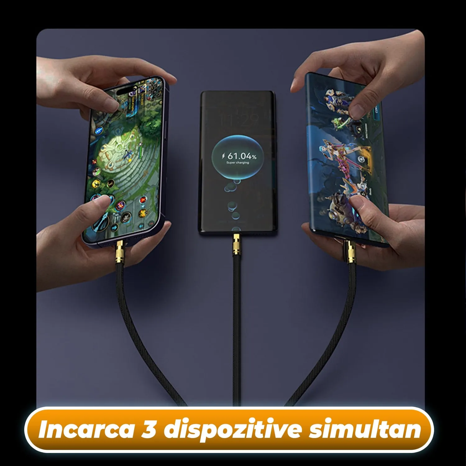 Timebox 120W cablu 3in1 USB-C Lightning 1,2m negru