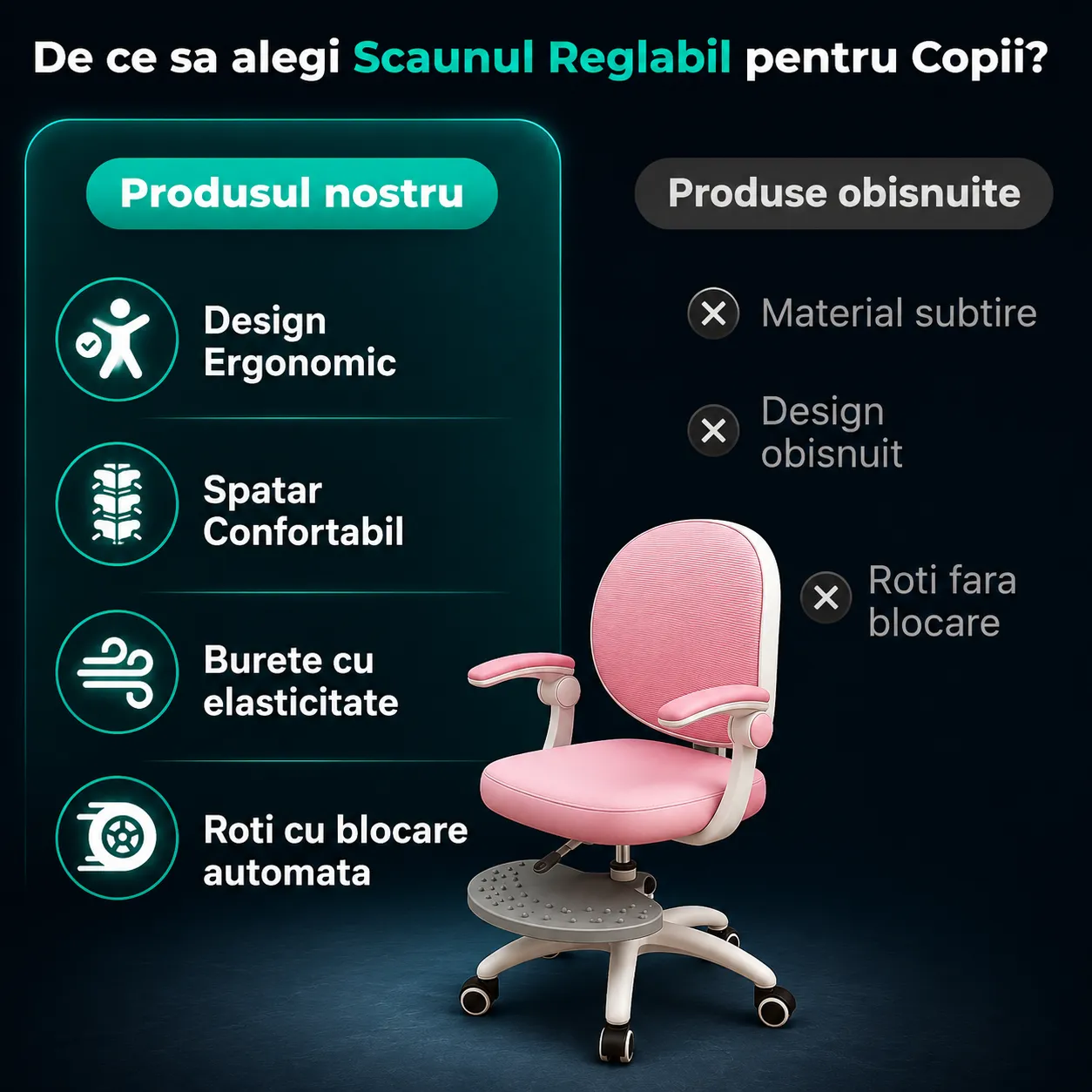 Timebox scaun birou copii roz ergonomic reglabil