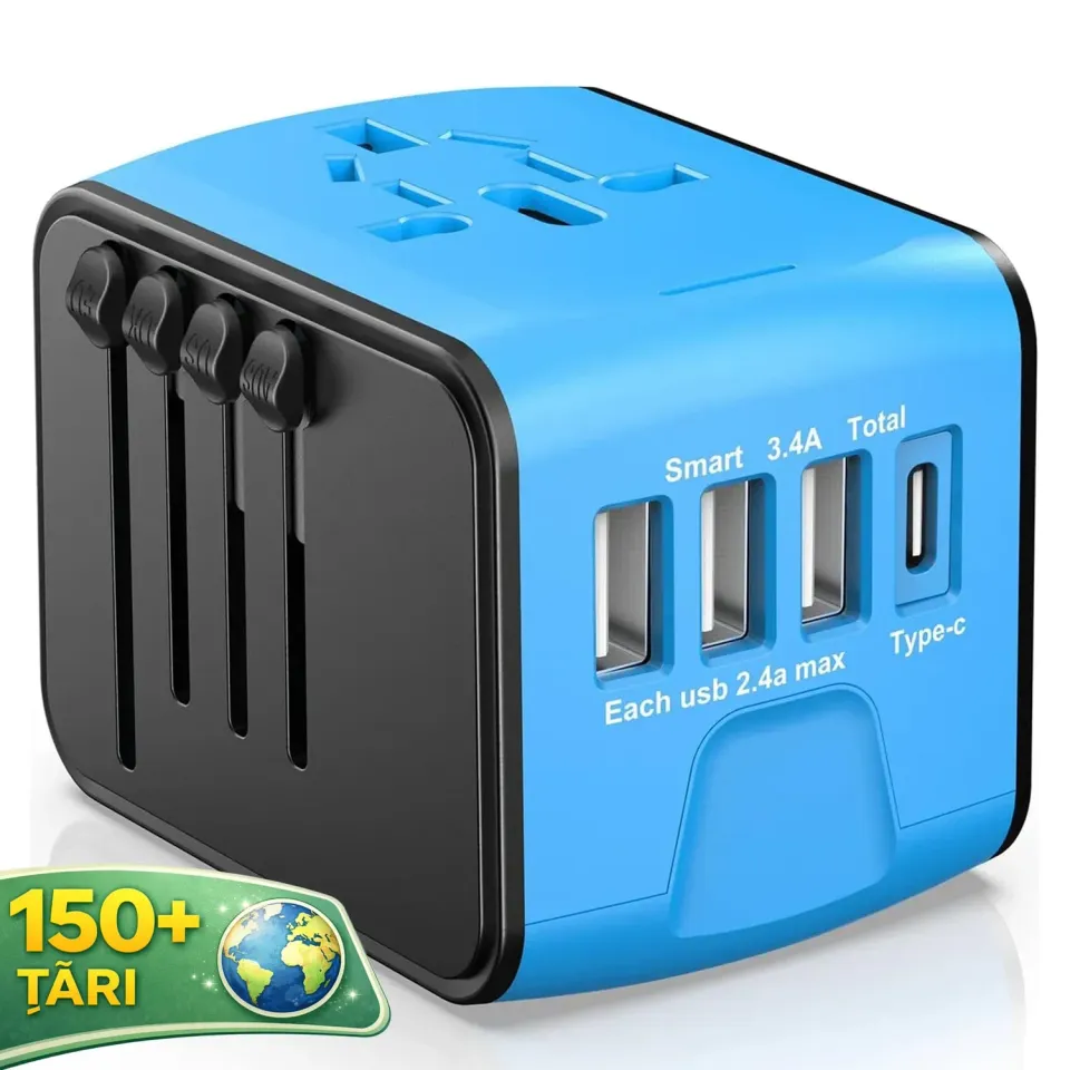 Timebox Adaptor priză călătorie 3 USB + Type-C albastru