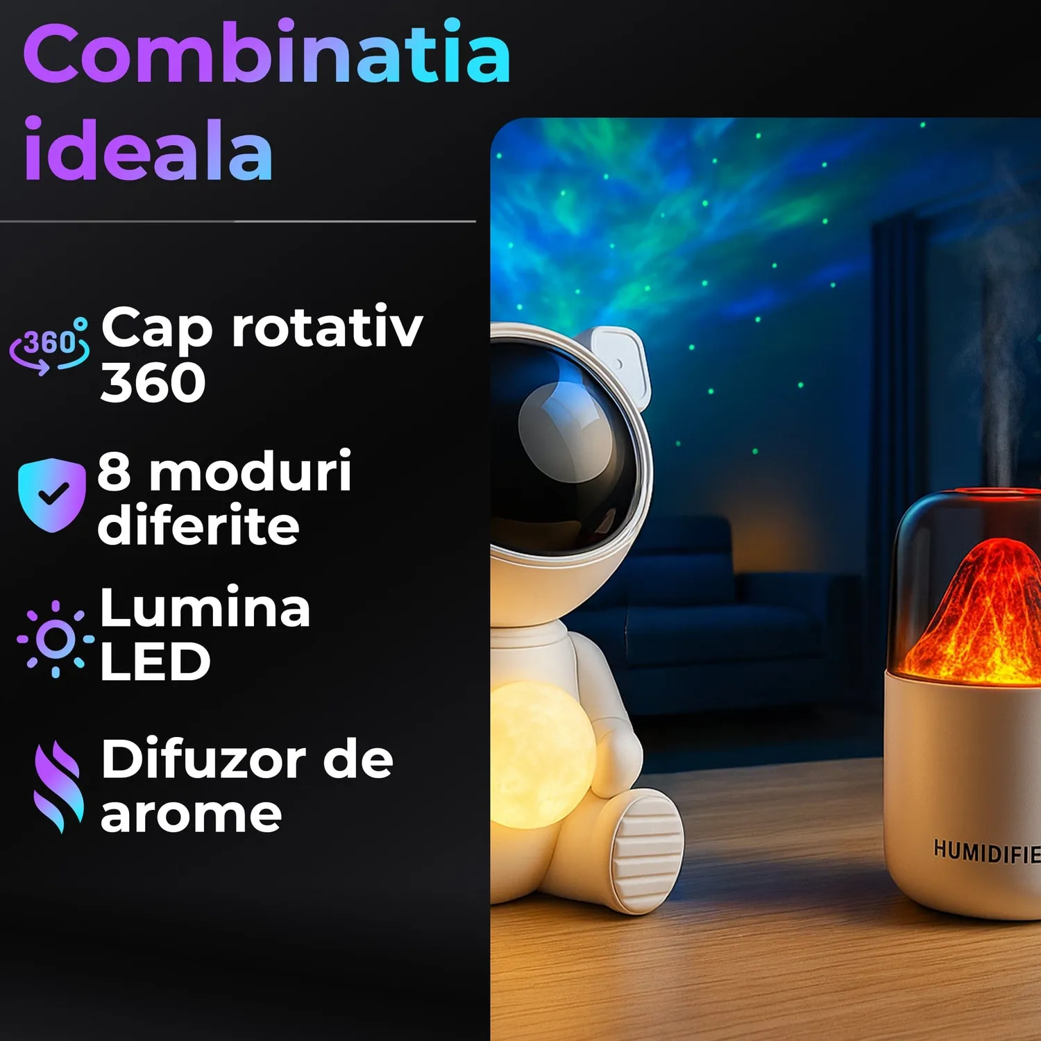 Timebox Astronaut Vulcan set lampa proiector + difuzor alb RGB