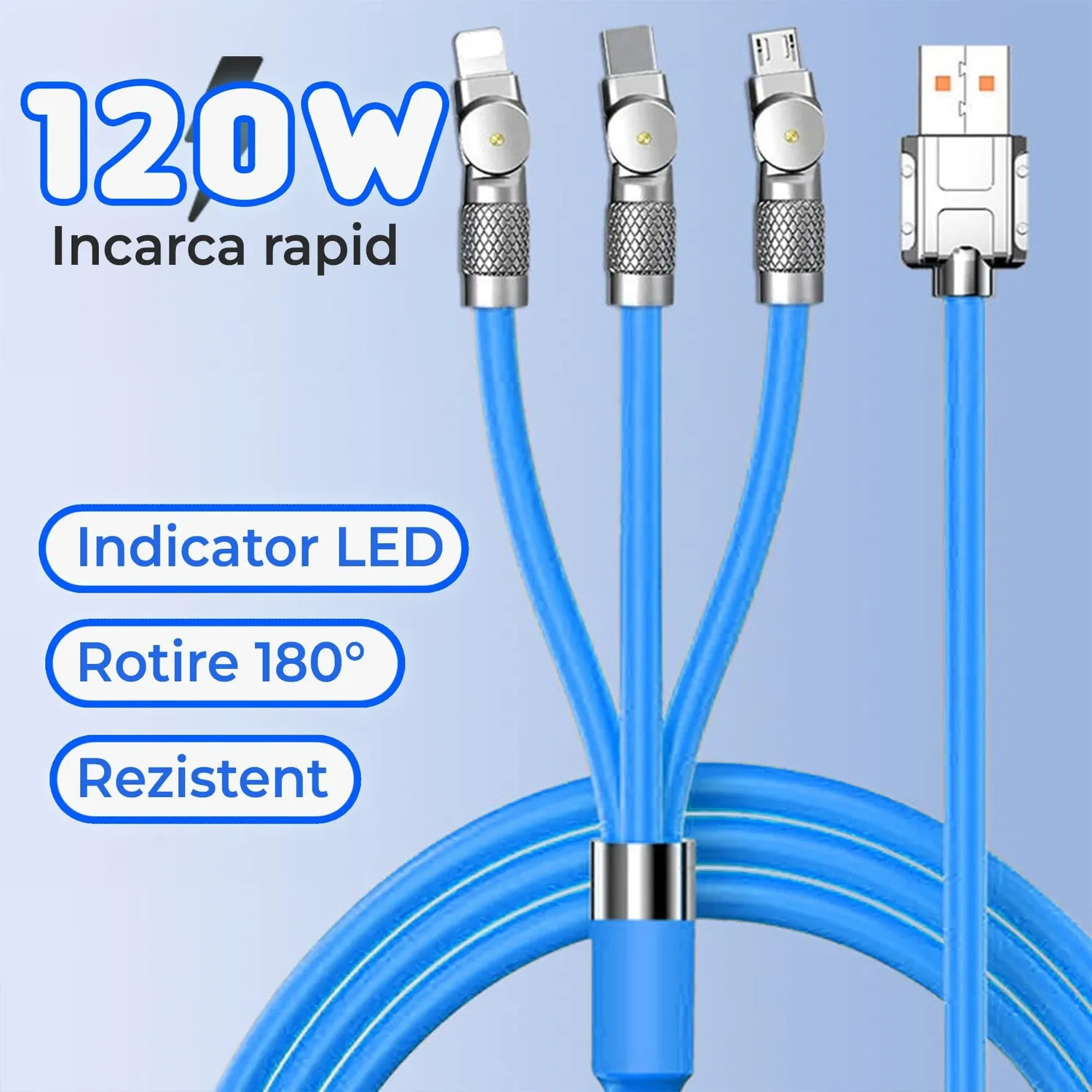 Timebox cablu incarcare rapida 3 in 1 120W 1,2m albastru