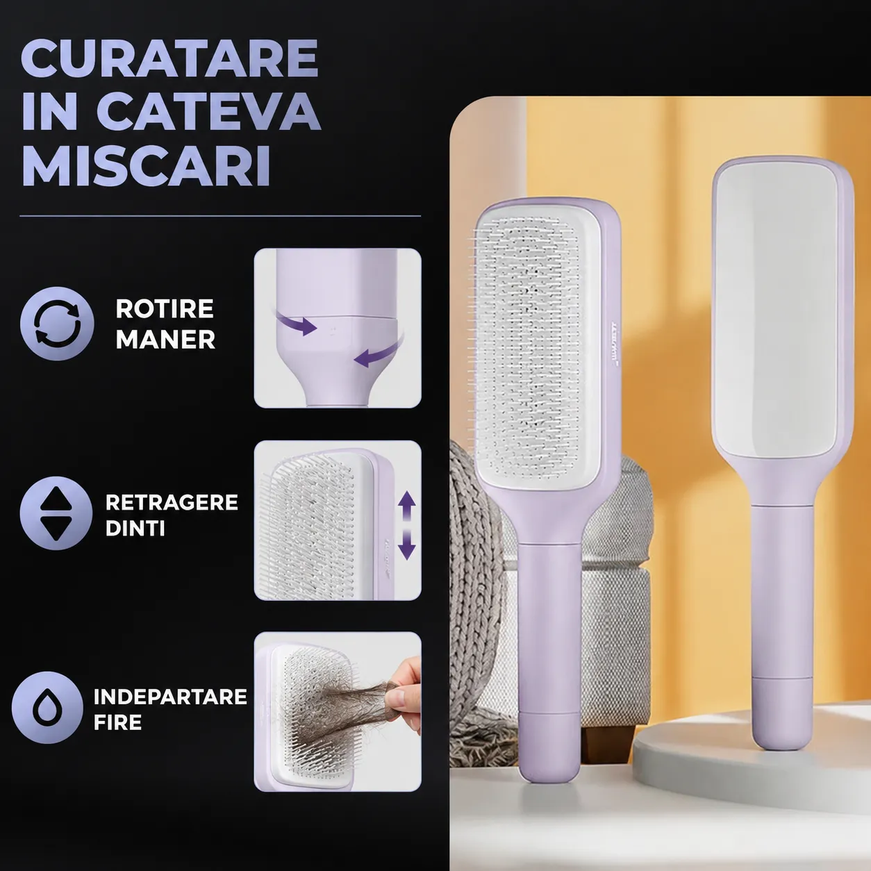 Timebox perie de păr rotativă violet retractabilă