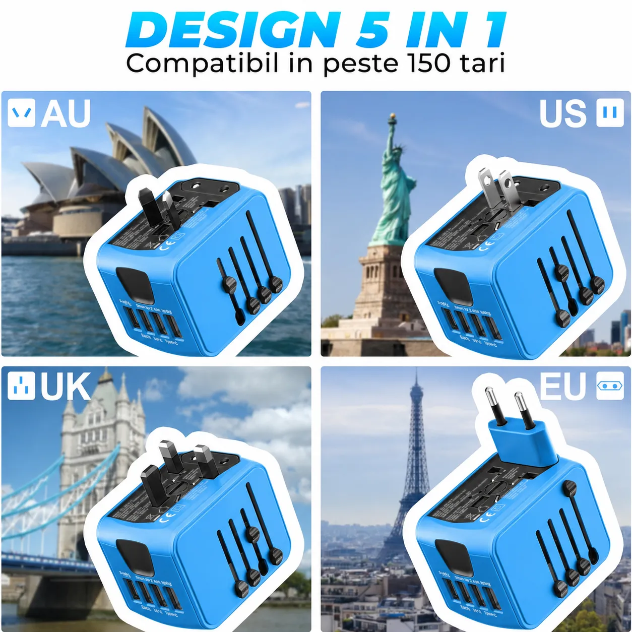 Timebox Adaptor priză călătorie 3 USB + Type-C albastru