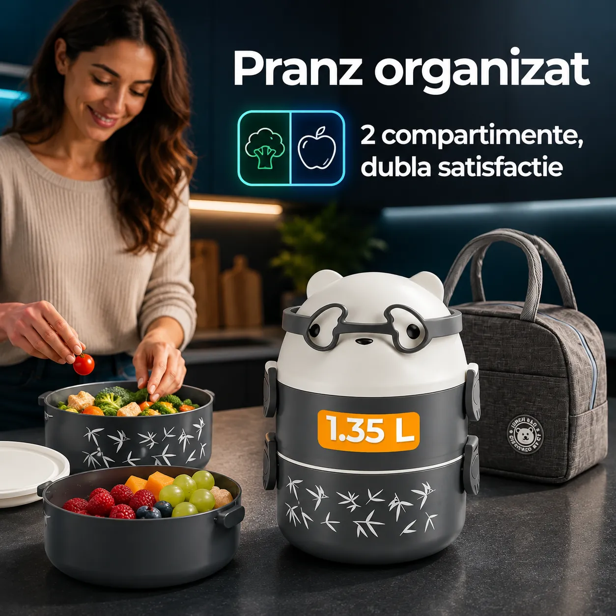 Timebox Caserolă prânz copii dublă gri 550ml+800ml cu geantă