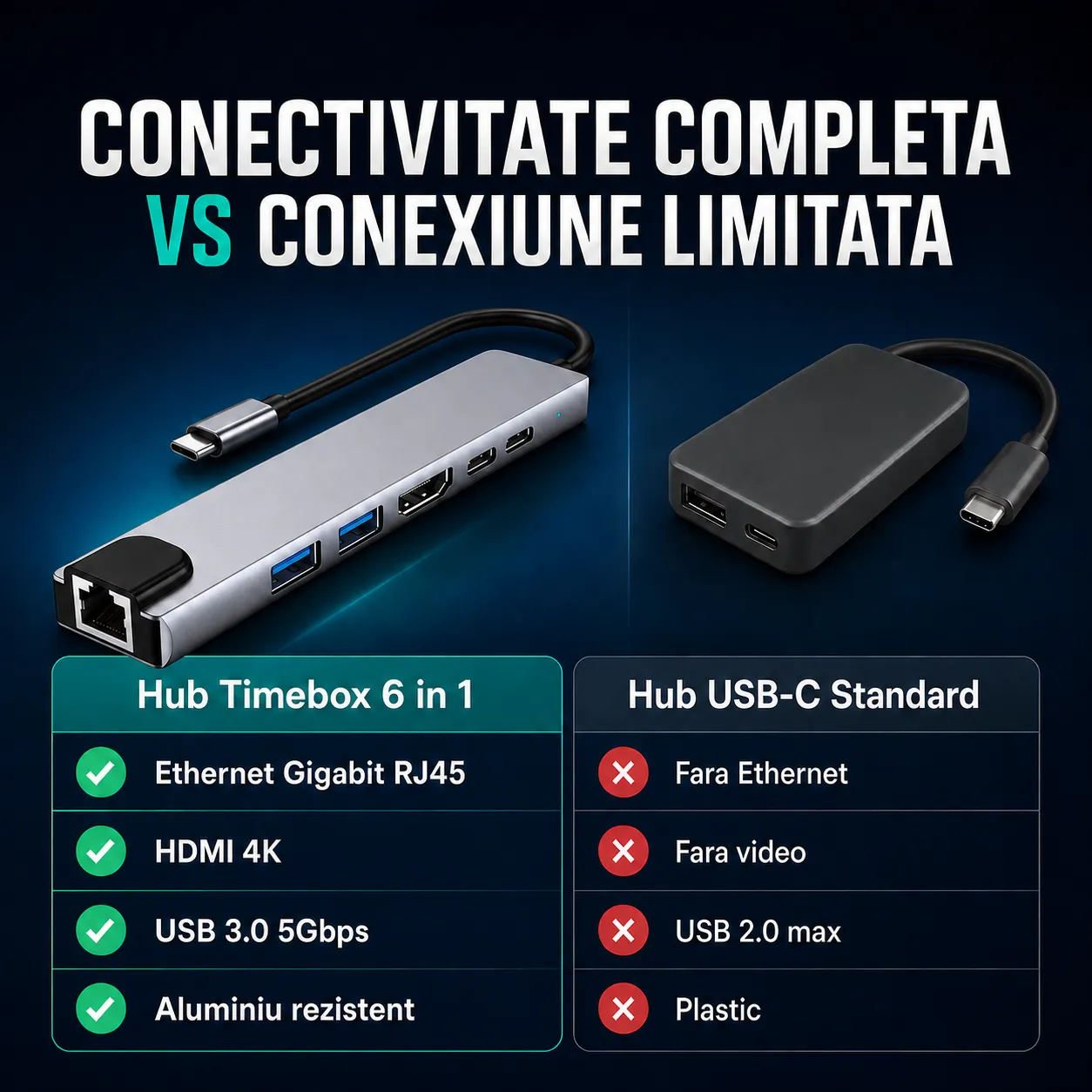Timebox Hub USB 6 in 1 Type-C Ethernet Argintiu